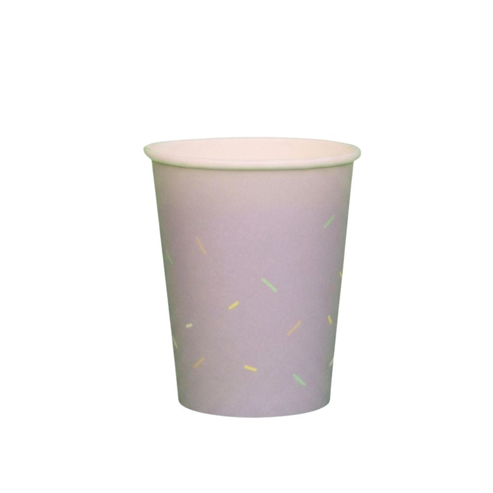 Single paper party cup with purple ombre design and pastel sprinkles