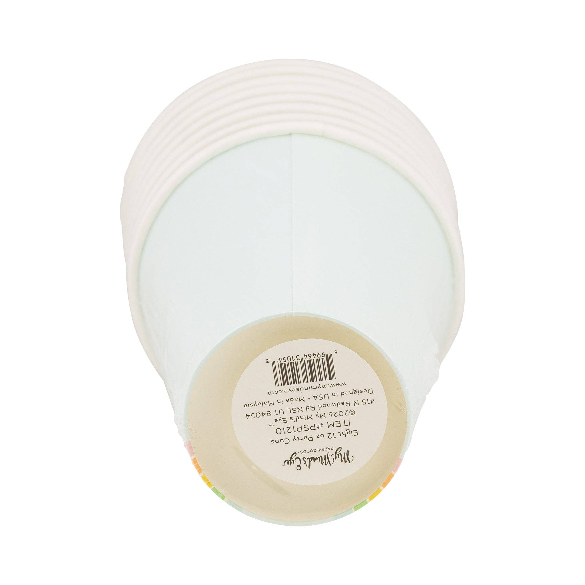Bottom view of pastel rainbow paper party cup showing 12 ounce capacity