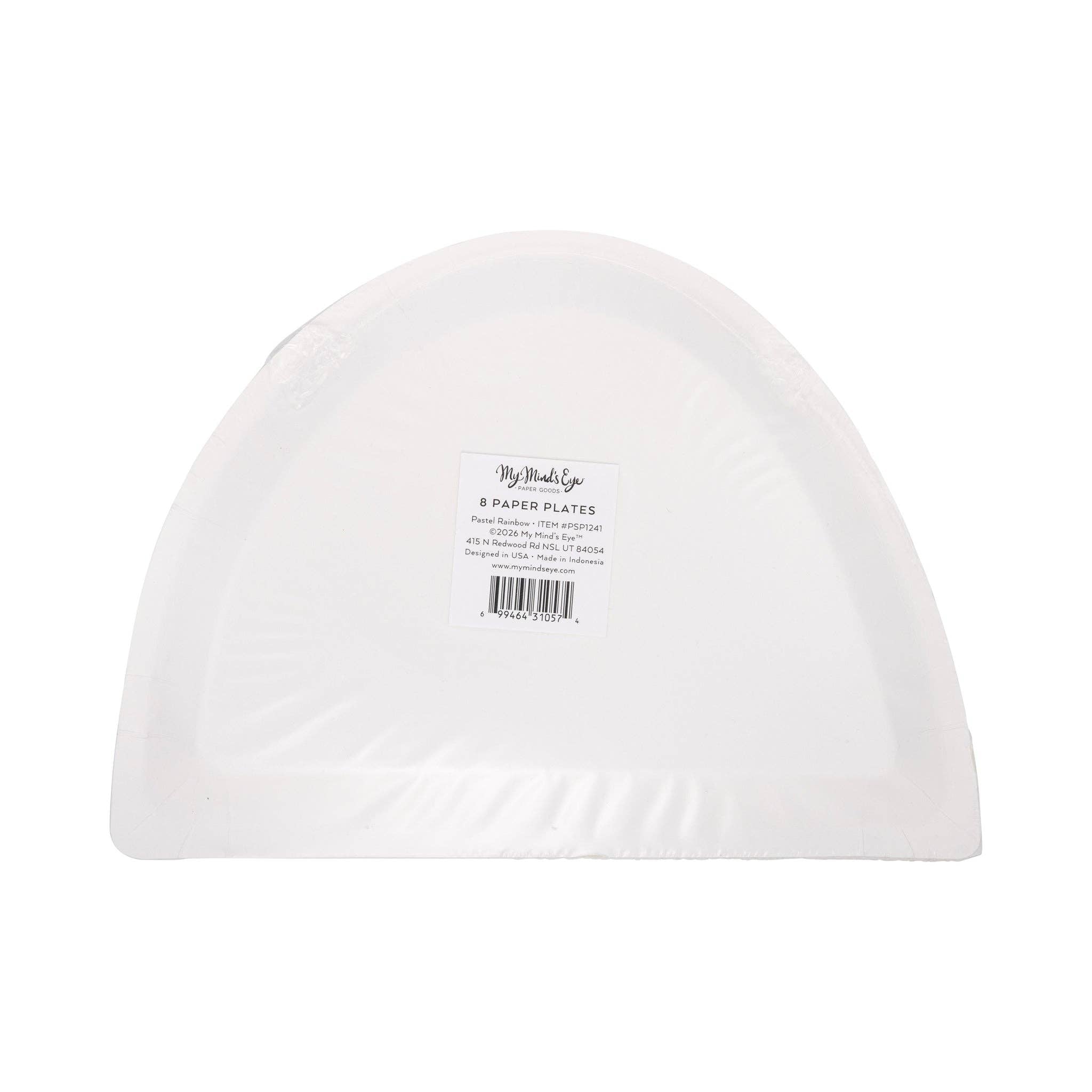 Back of pastel rainbow shaped paper plate showing size and paper construction