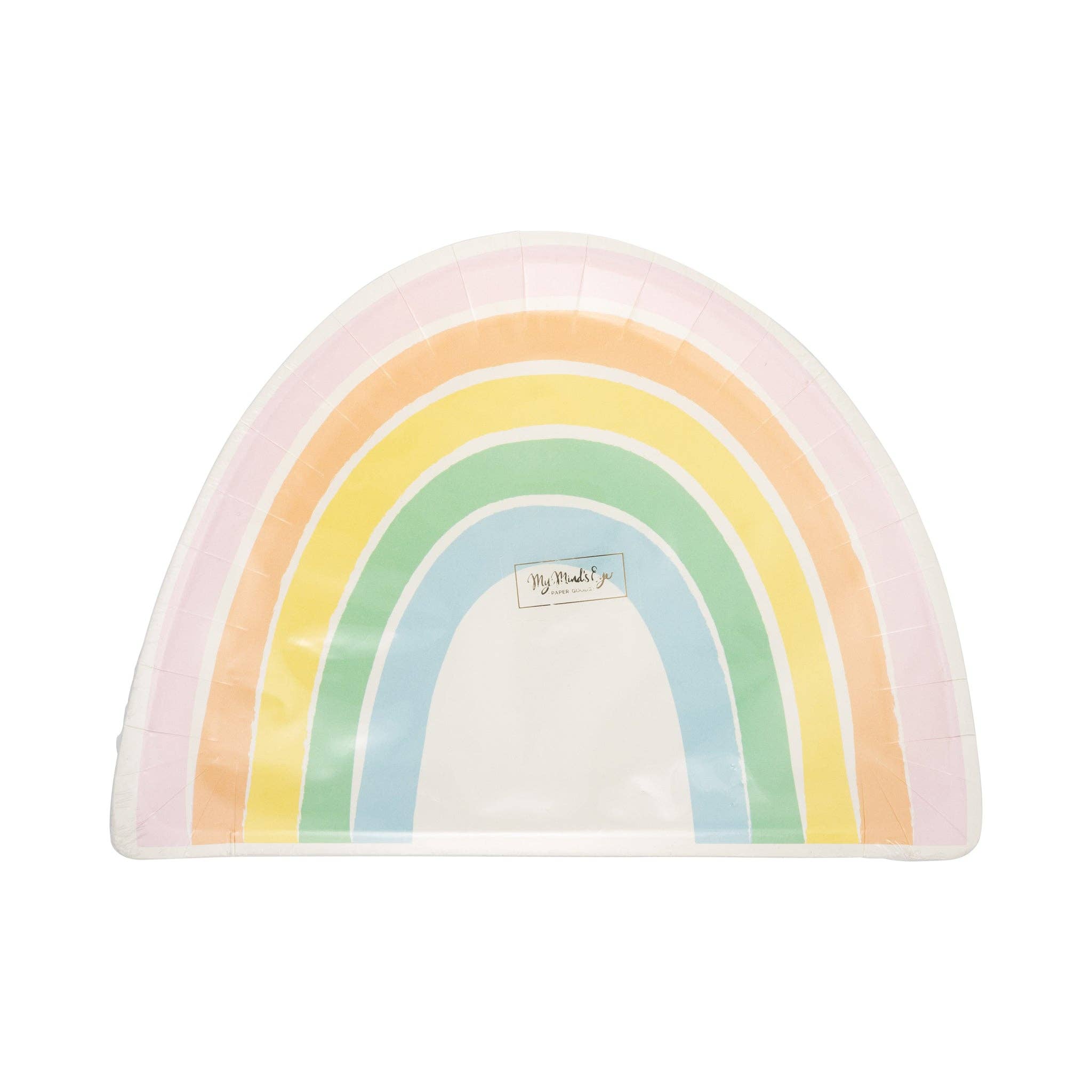 Pastel rainbow shaped paper plate with layered rainbow arches and soft pastel colors in packaging