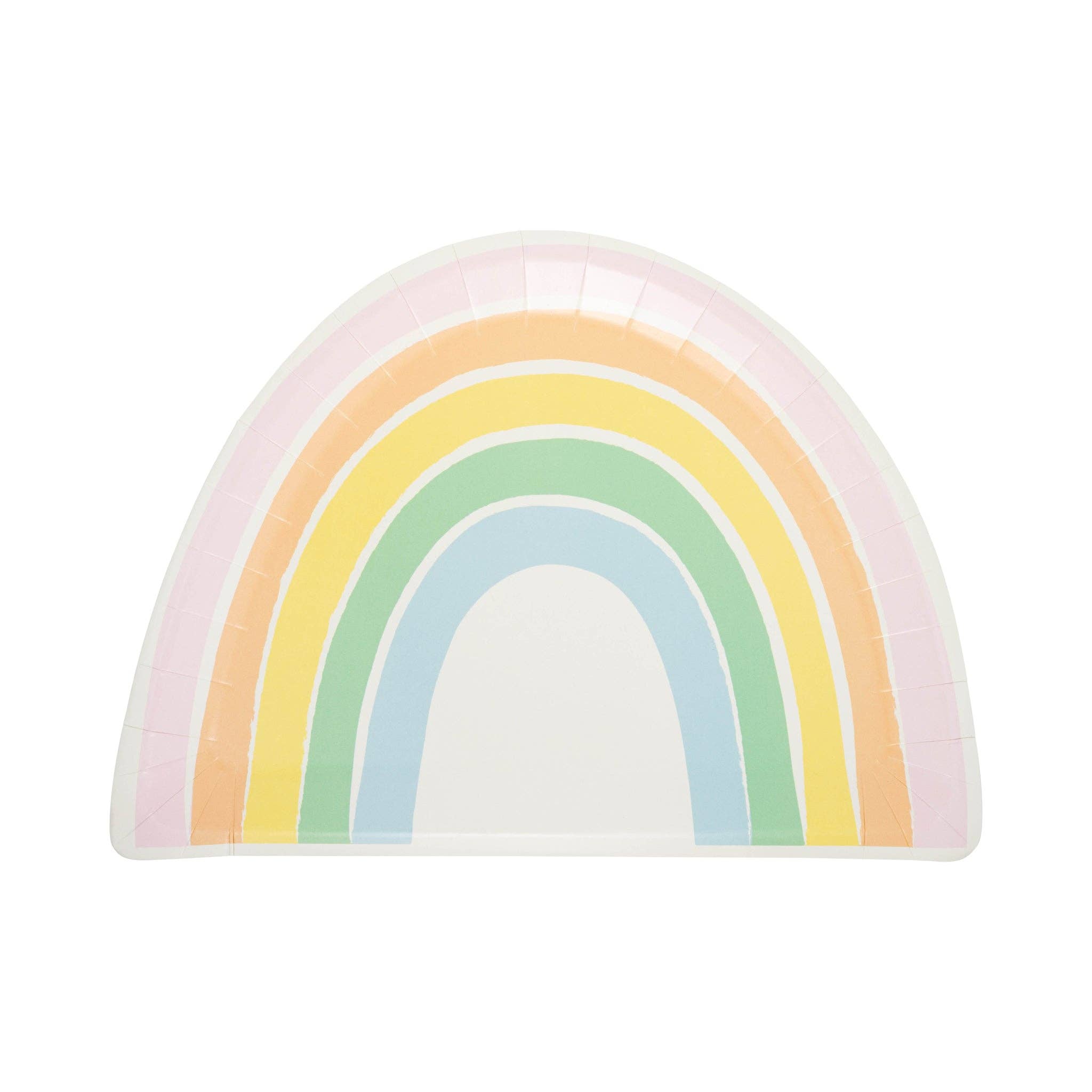 Pastel rainbow shaped paper plate with soft multicolor rainbow design for St. Patrick’s Day party