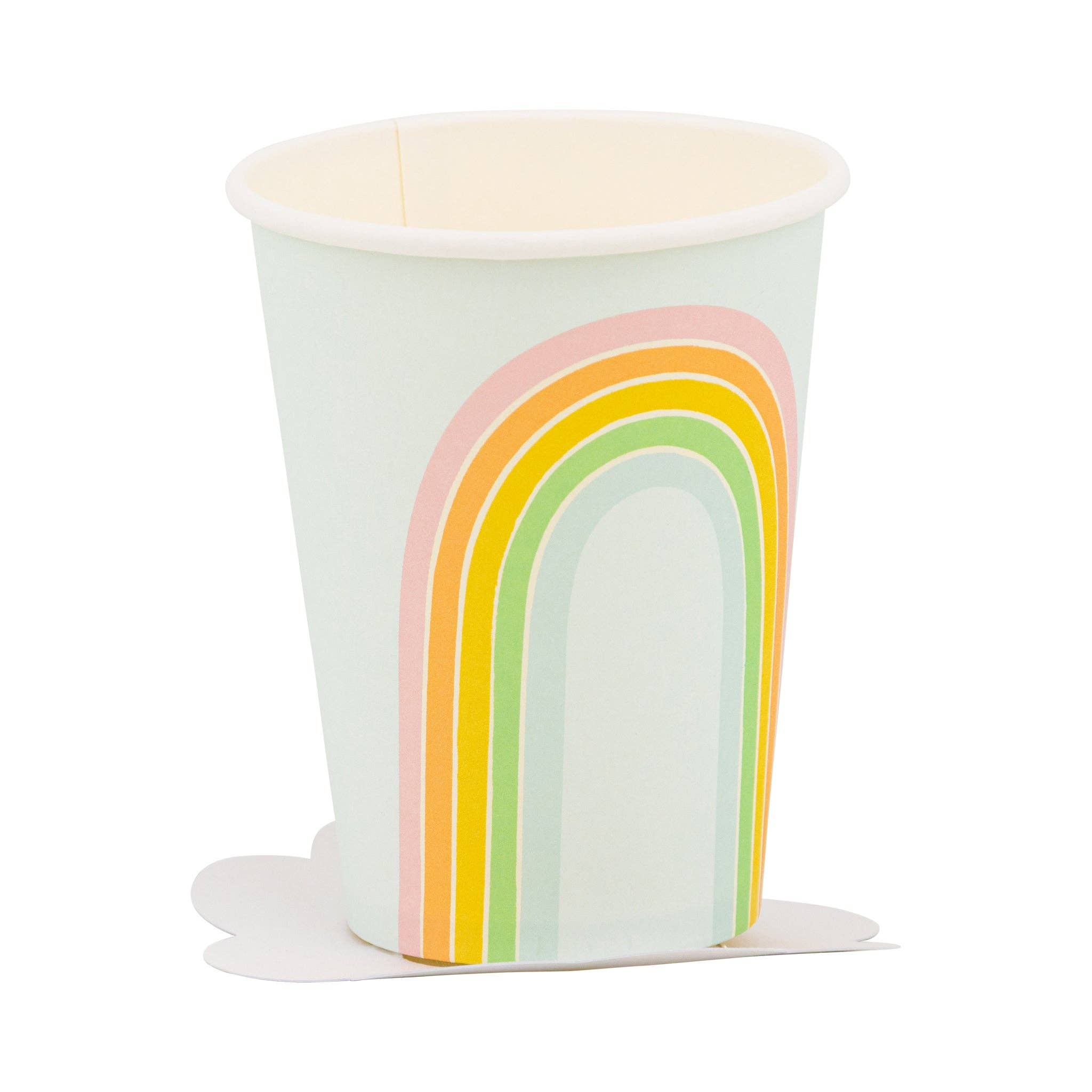 Pastel rainbow paper party cup with soft rainbow arch design for St. Patrick’s Day celebrations
