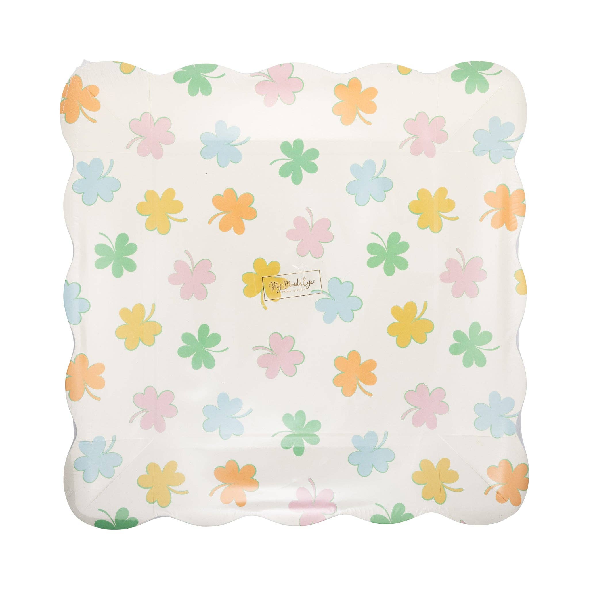 Scalloped pastel shamrock plate with multicolor shamrock design in packaging