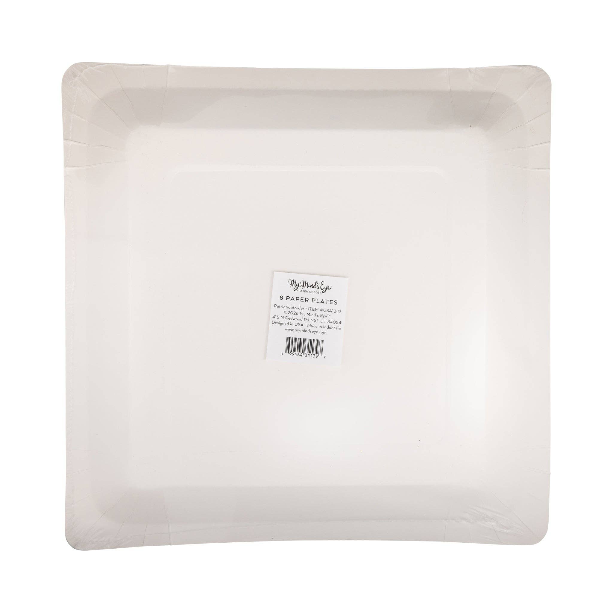 Back view of a cream square paper dinner plate showing the My Minds Eye label with product name Patriotic Border and item number USA1243, pack of 8, with barcode
