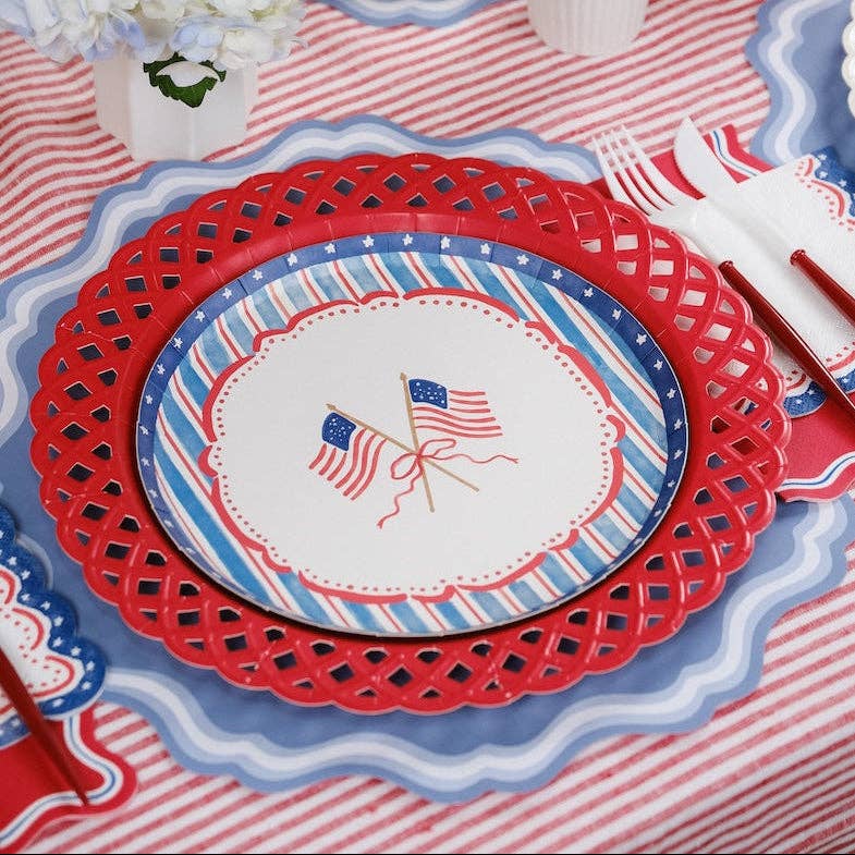 Patriotic Dessert Plates layered on a red lattice charger for an Independence Day Brunch Decor look.