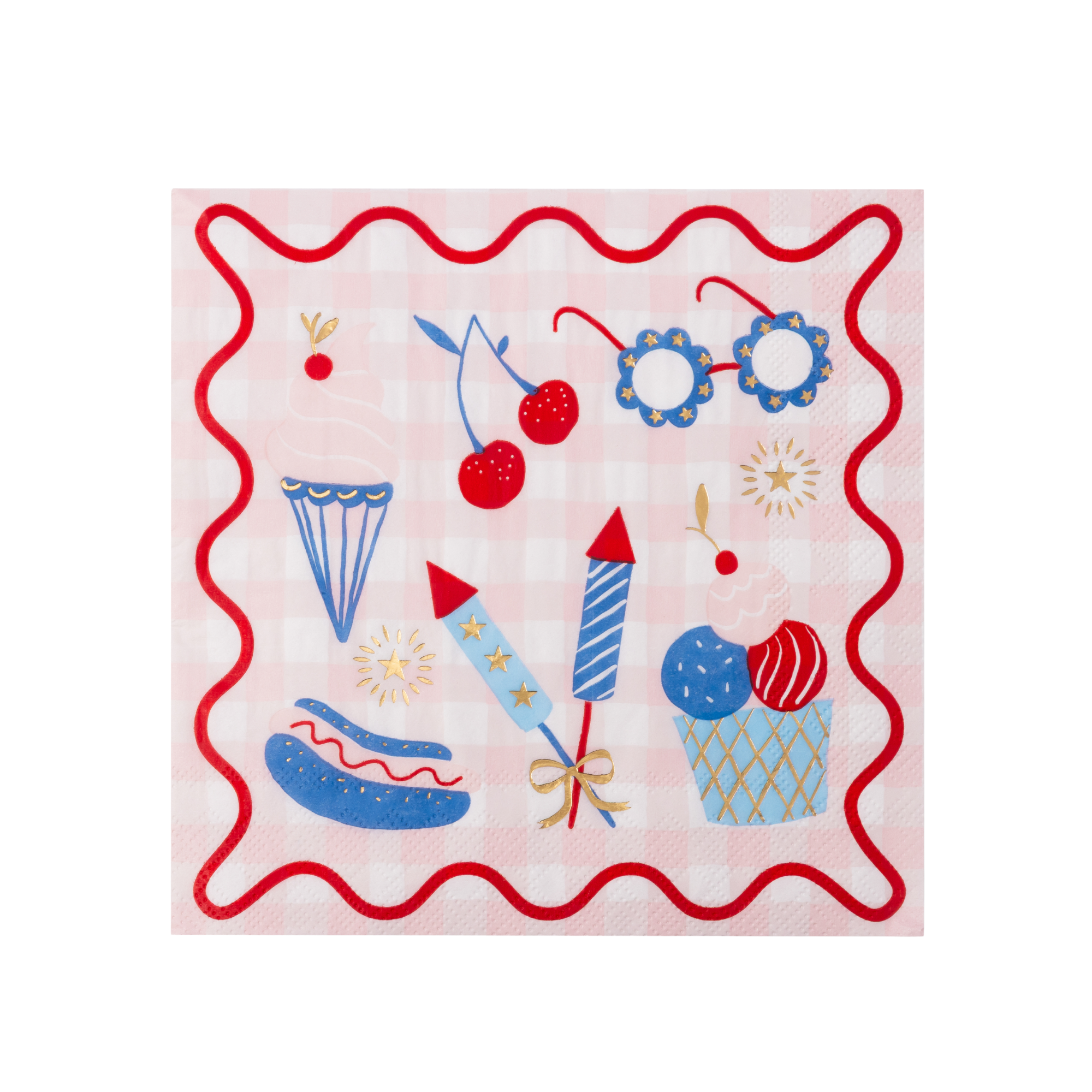 patriotic picnic large napkin with red white blue icons on gingham background.
