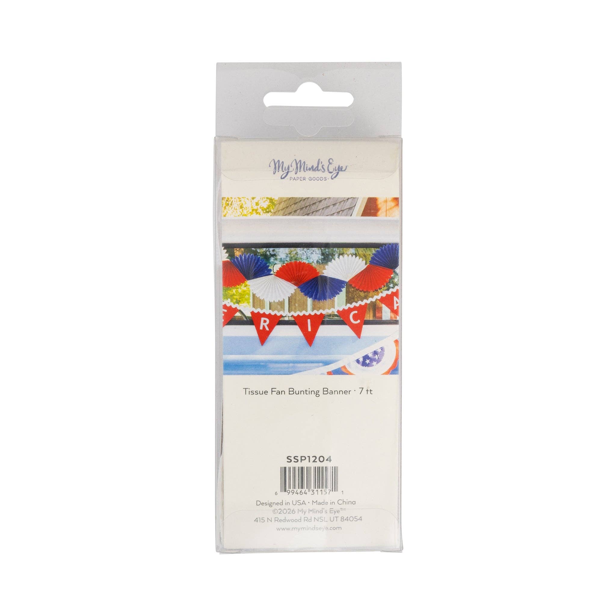 Back of packaging for patriotic tissue fan bunting banner by My Mind's Eye showing product label and 7 ft length detail