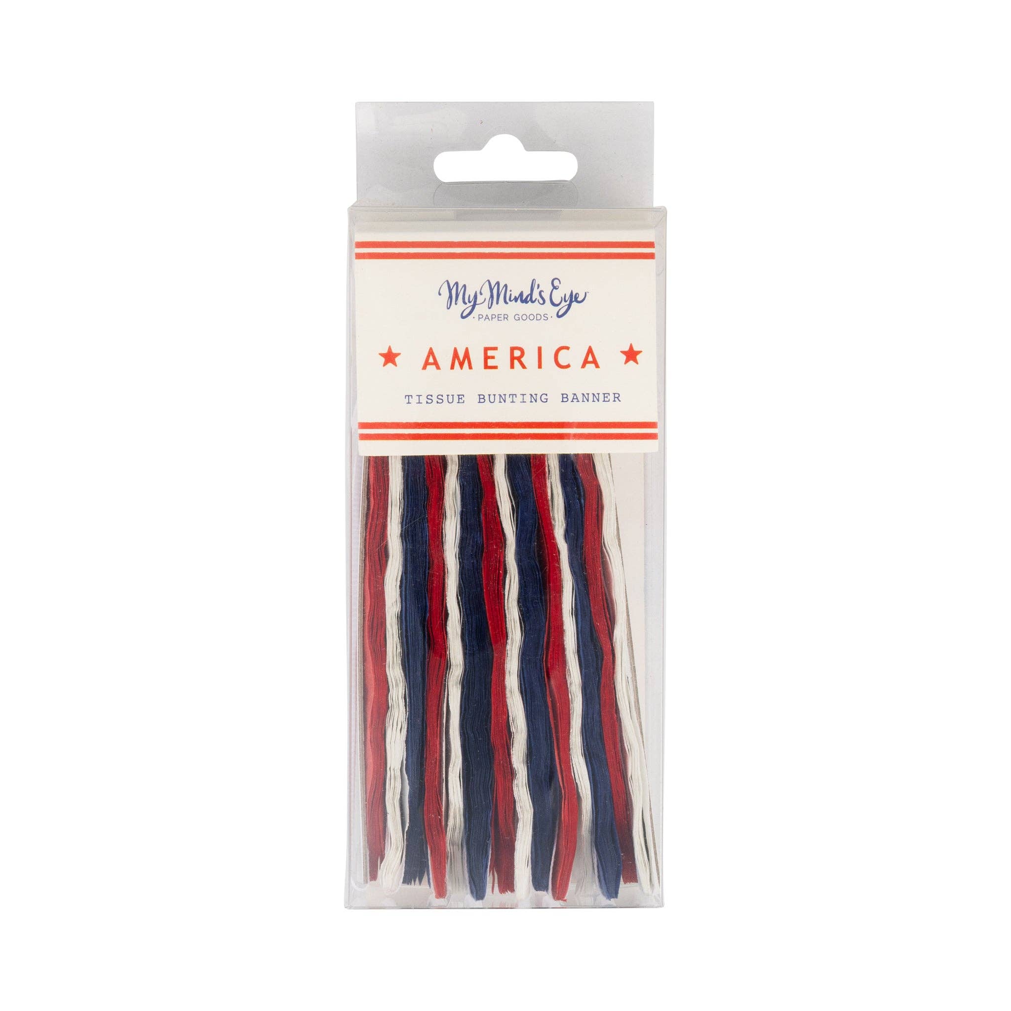 Front of packaging for America tissue bunting banner by My Mind's Eye showing red cream and blue tissue paper fans in clear retail box