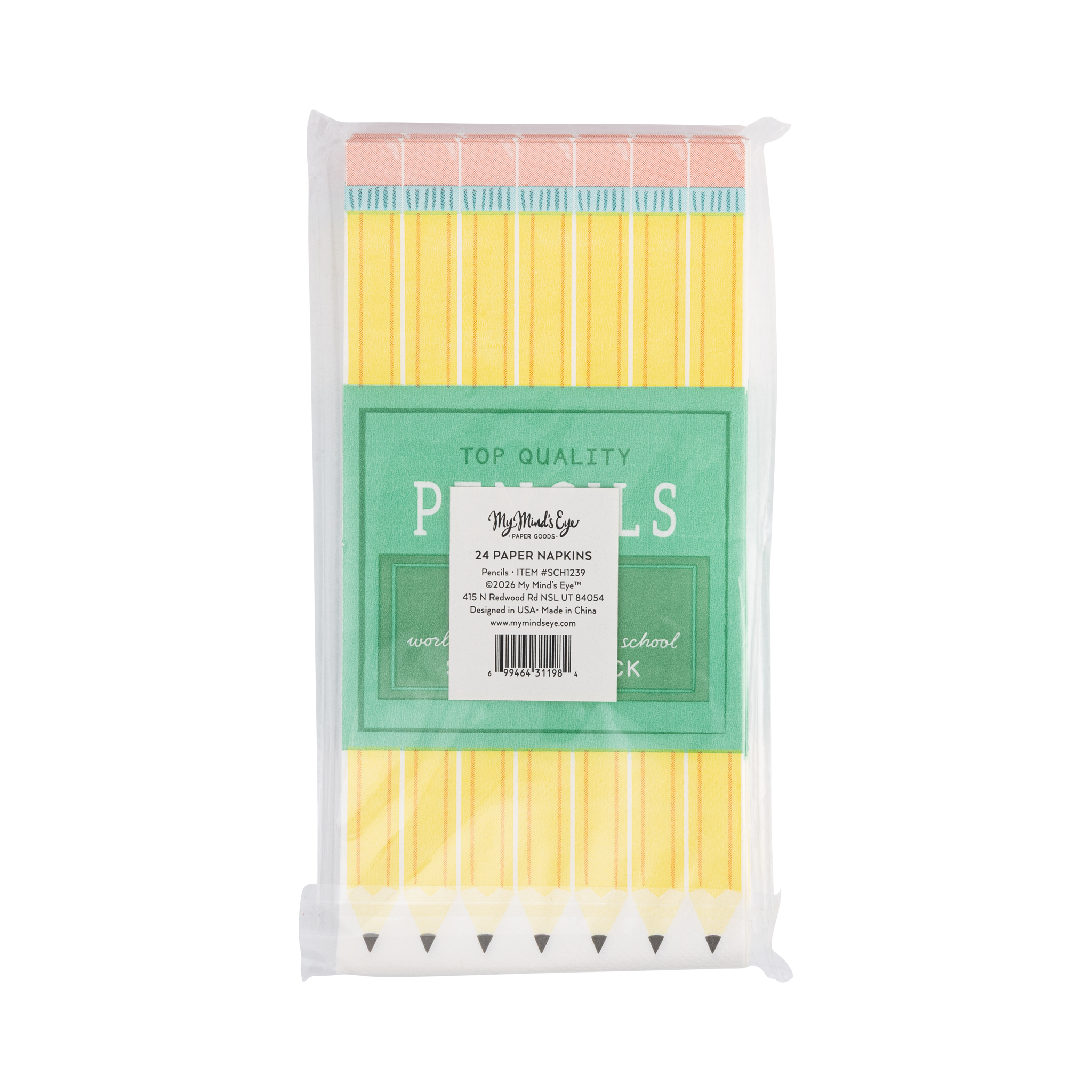 Front of pencil box paper dinner napkins showing yellow pencil print with green "Top Quality Pencils No. 2" label