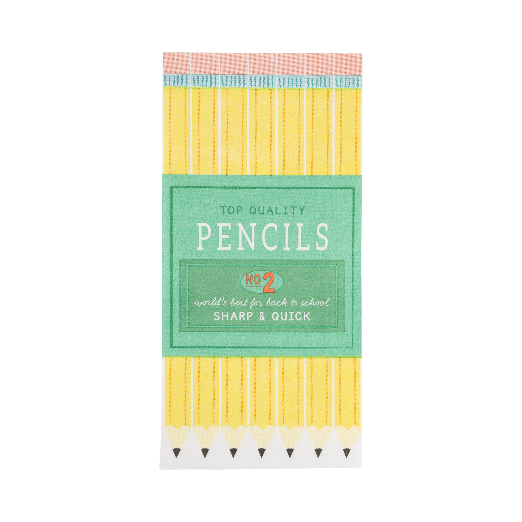 Folded pencil box paper dinner napkin on white background showing full design with green label and yellow No. 2 pencil print