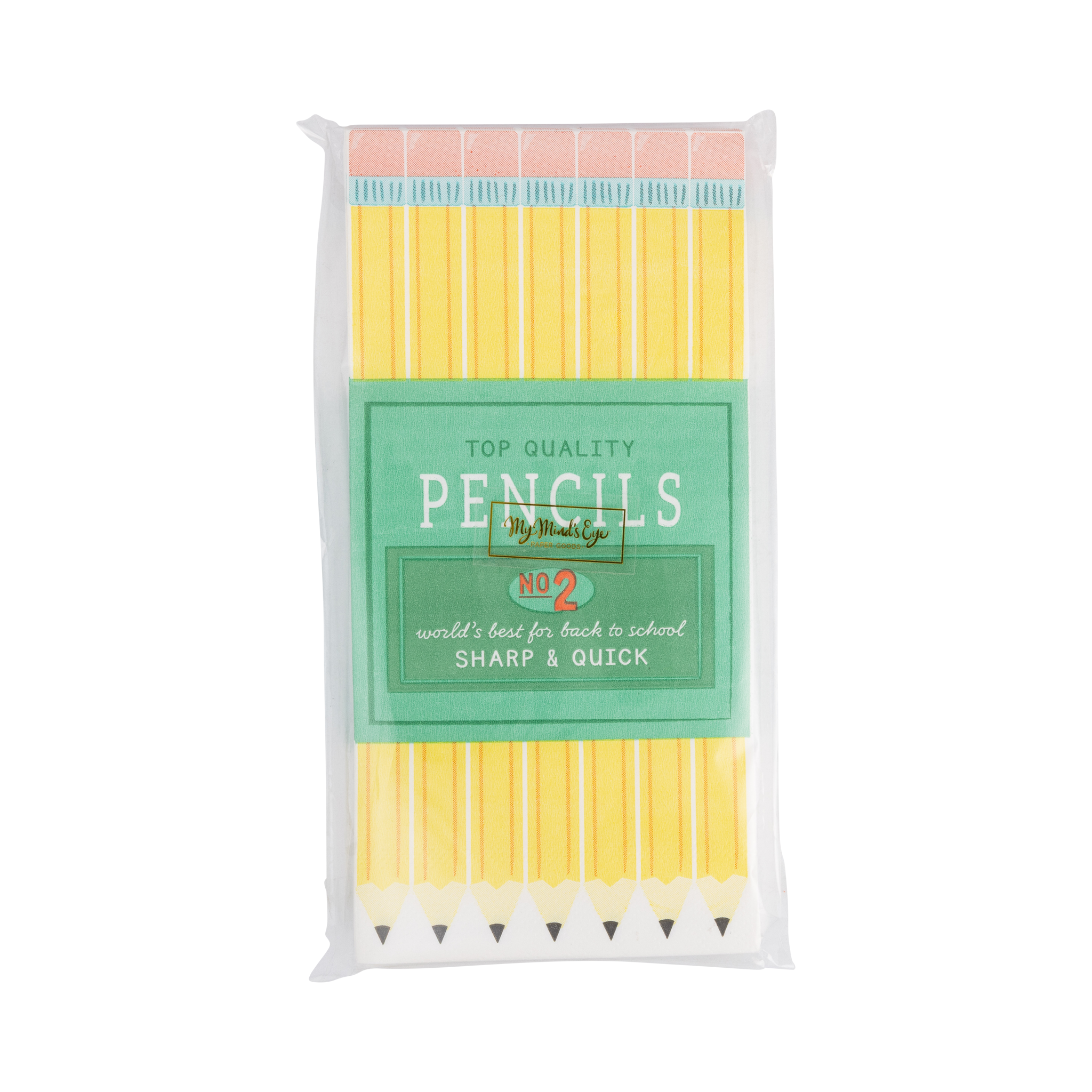 Back of pencil box paper dinner napkins packaging showing napkin pack with pencil print design and product info label