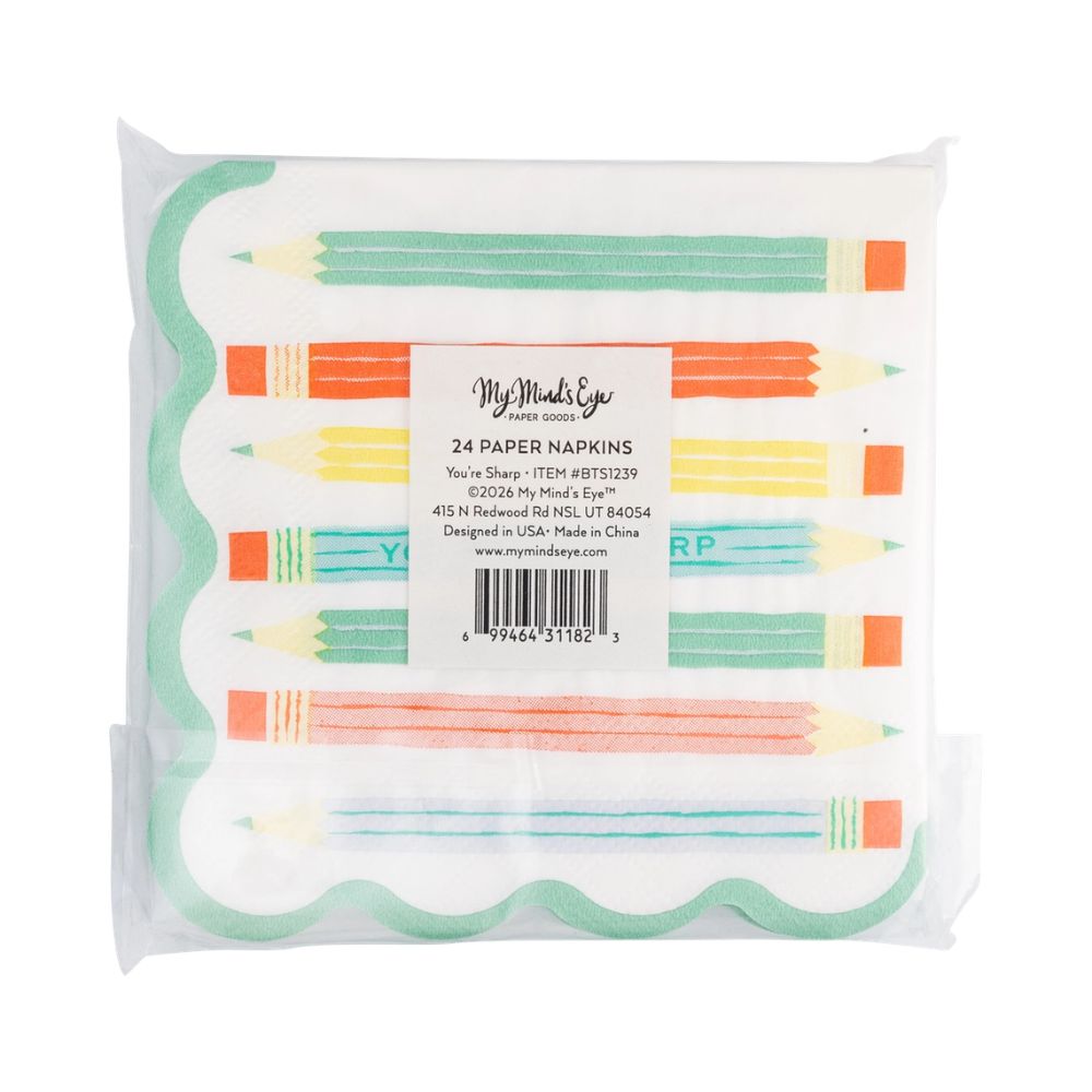 Back of pencil napkin packaging with product details.