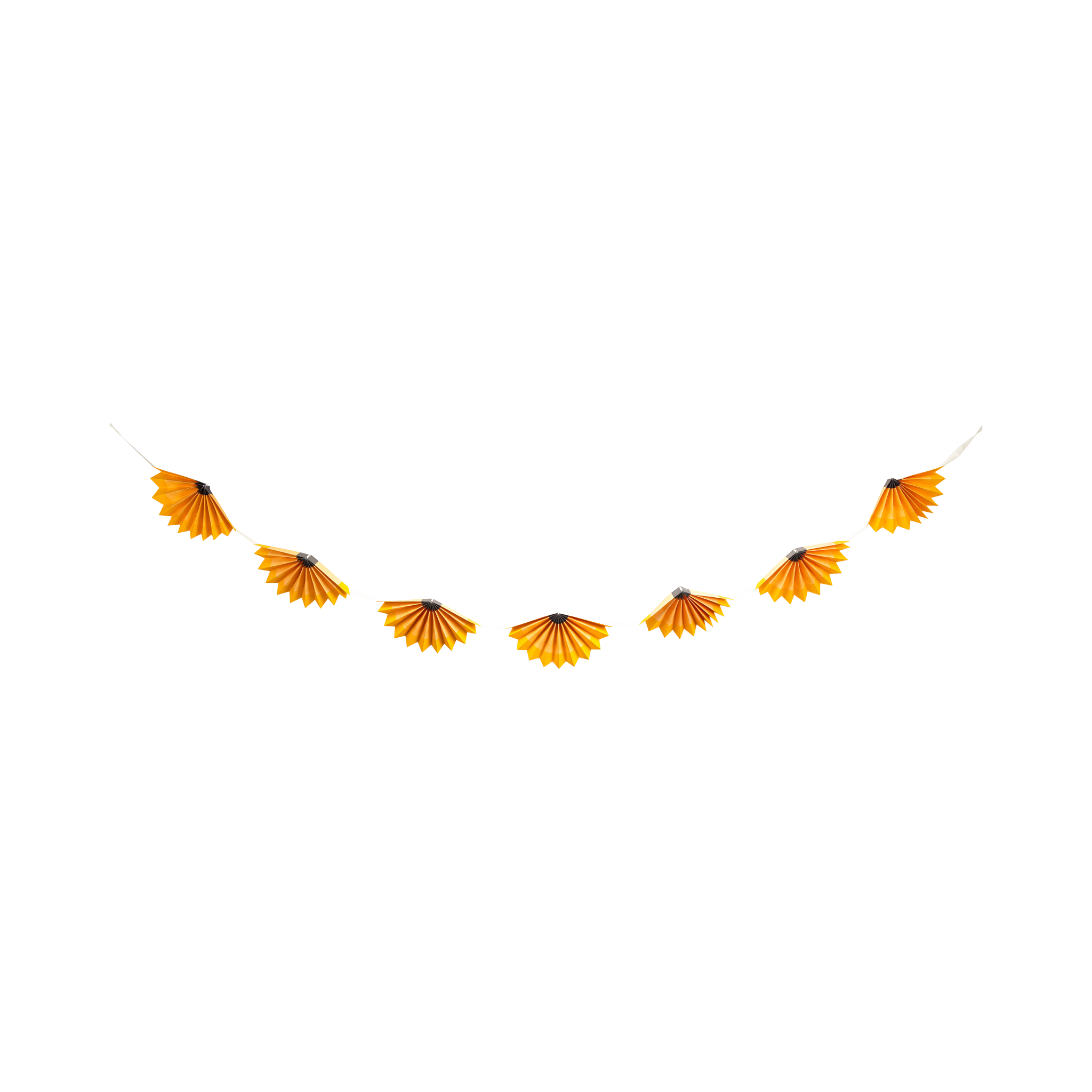 Full 7-foot pencil shaving accordion banner shown on white background with 7 orange and yellow fans