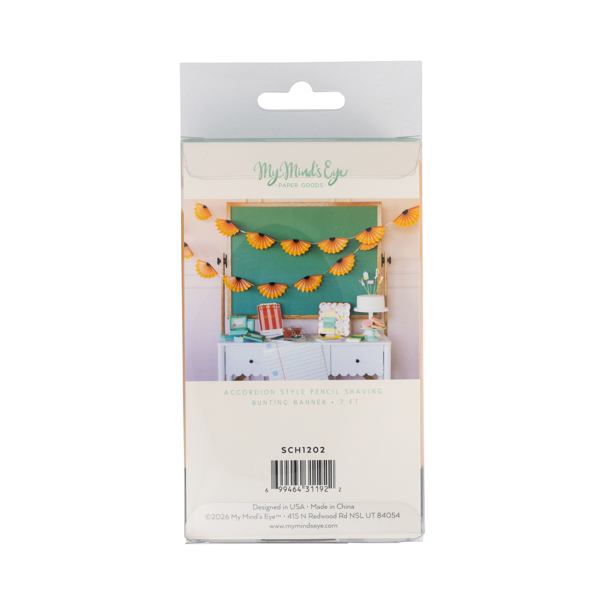 Back of pencil shaving banner packaging showing the styled product with chalkboard and classroom party table with product info