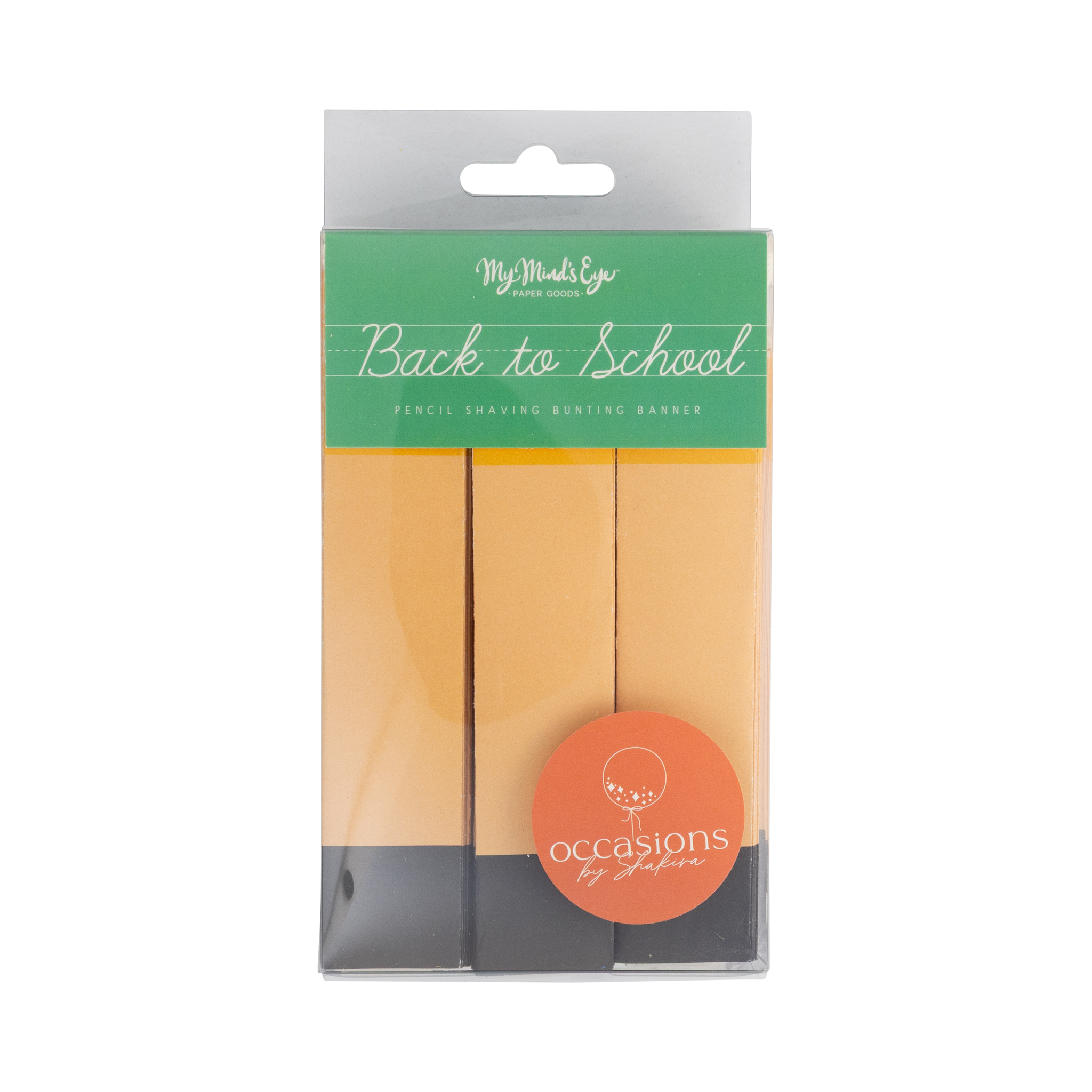Front of pencil shaving bunting banner packaging in clear box with green "Back to School" label