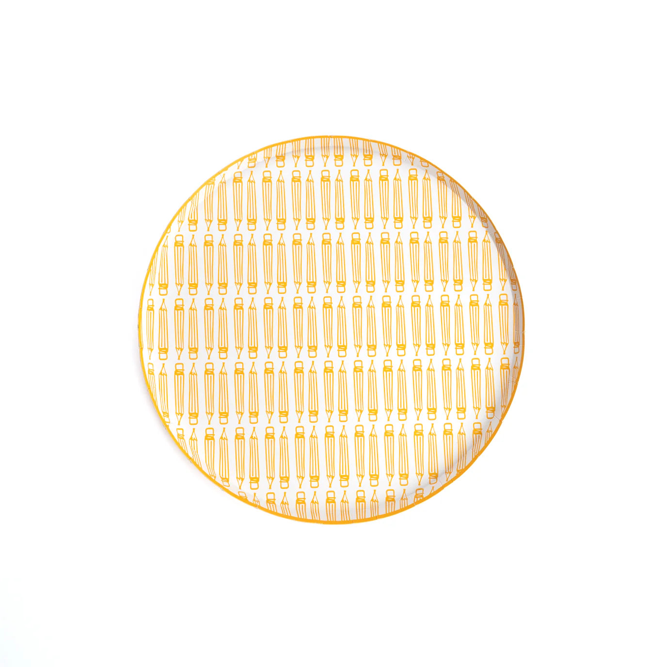 Close‑up product photo of yellow pencil dinner plate isolated on white.