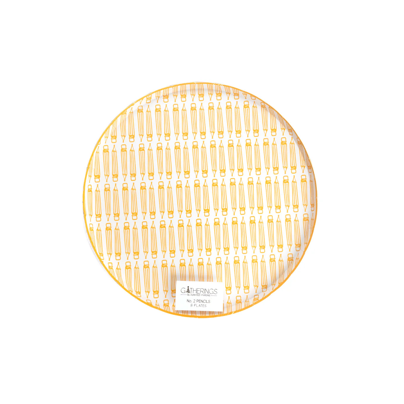 Single round dinner plate covered in repeating yellow pencil pattern on a white background.