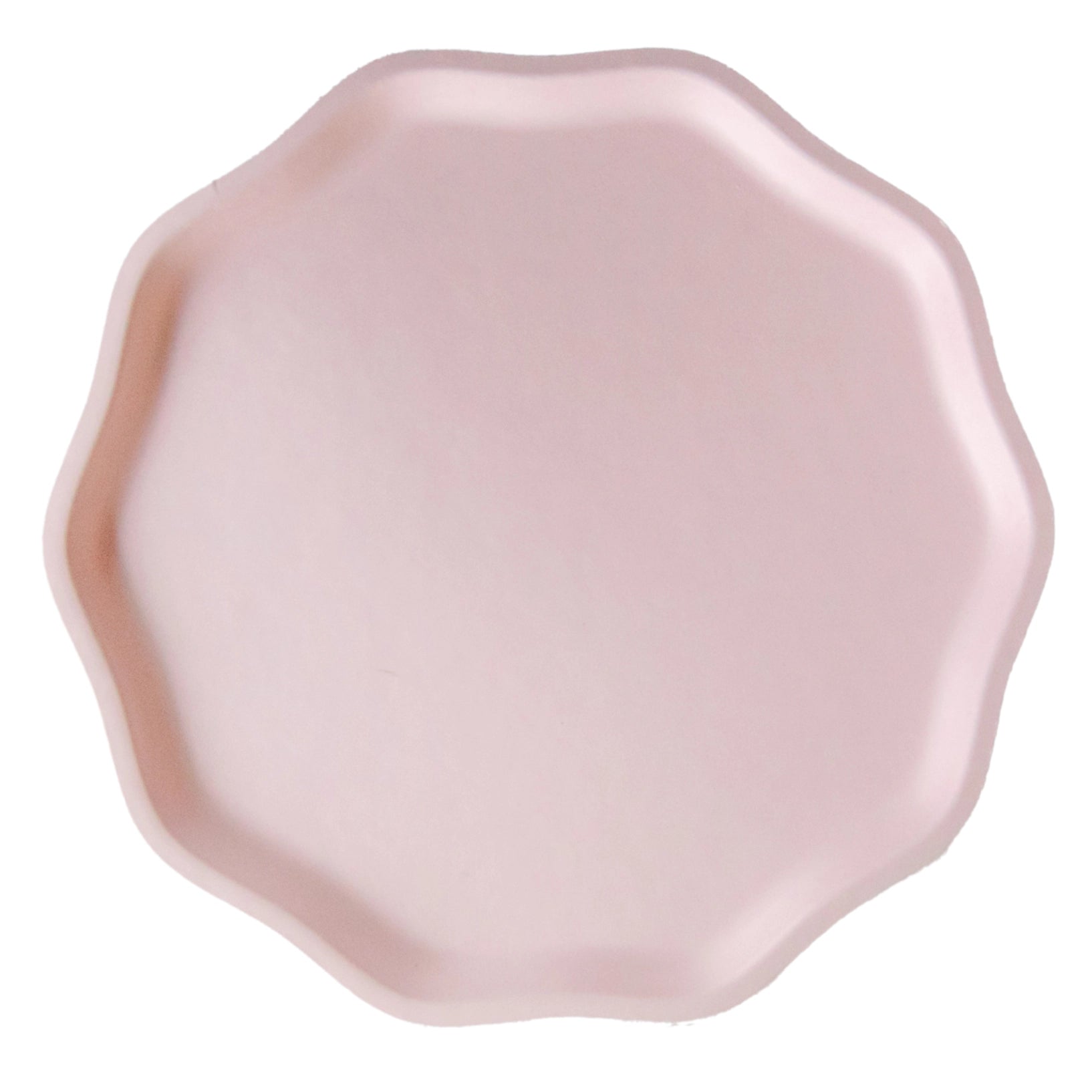 Isolated petal pink 10.5-inch compostable dinner plate with scalloped edge—large pink paper plates.