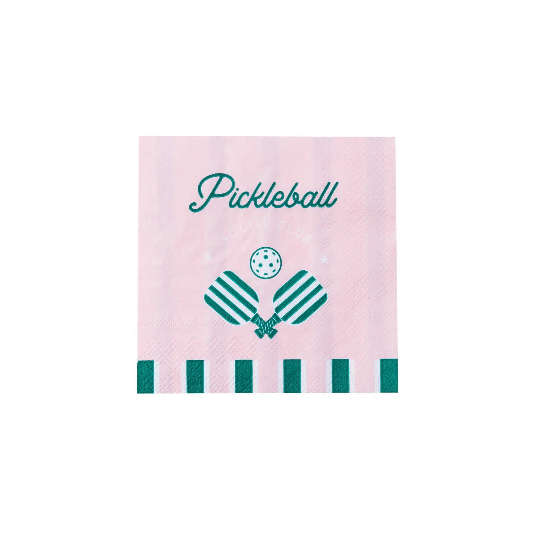 Pink napkin with ‘Pickleball Social Club,’ paddles and ball—easy pickleball party decorations.