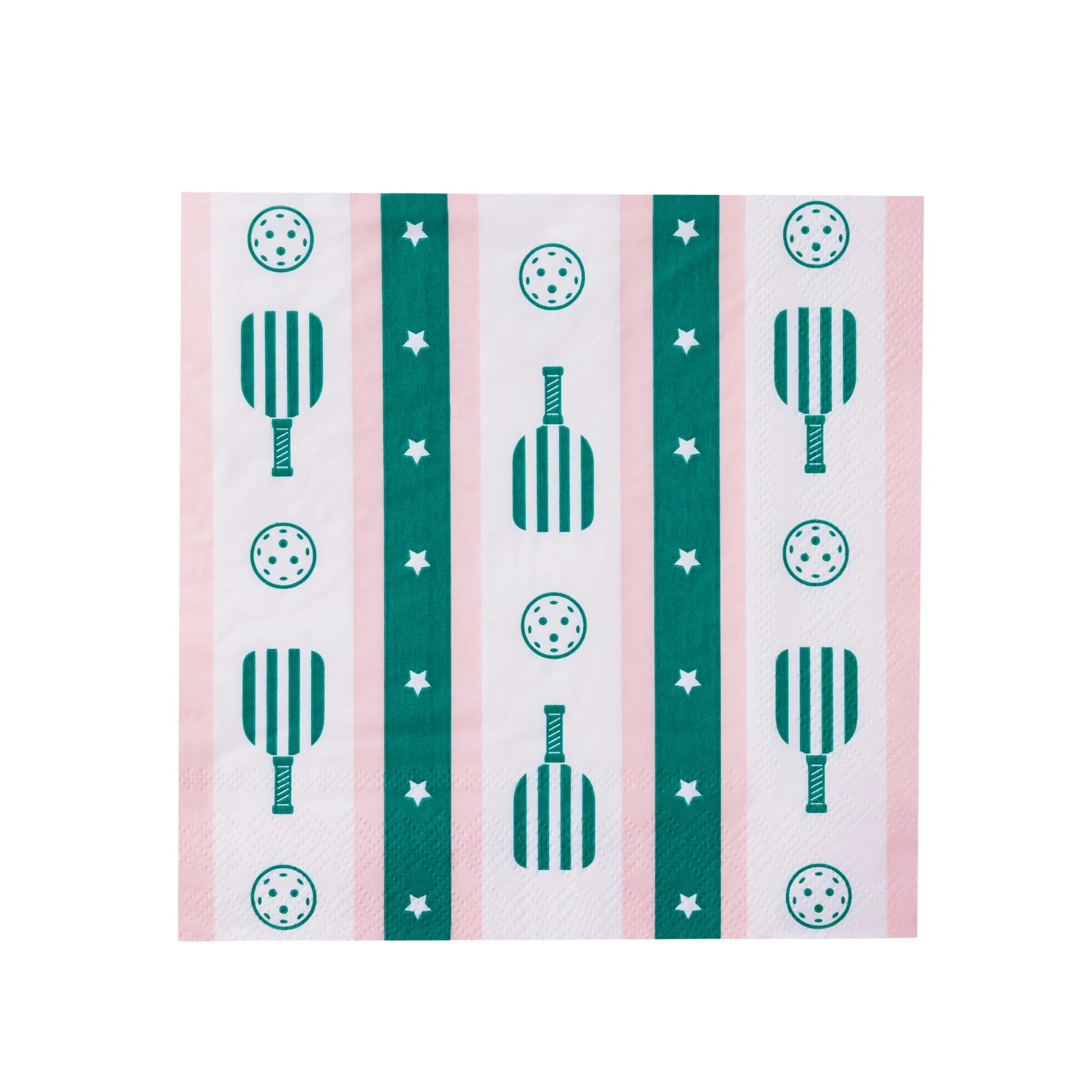 Pink and white striped lunch napkin with teal paddles and balls—perfect pickleball party decorations.