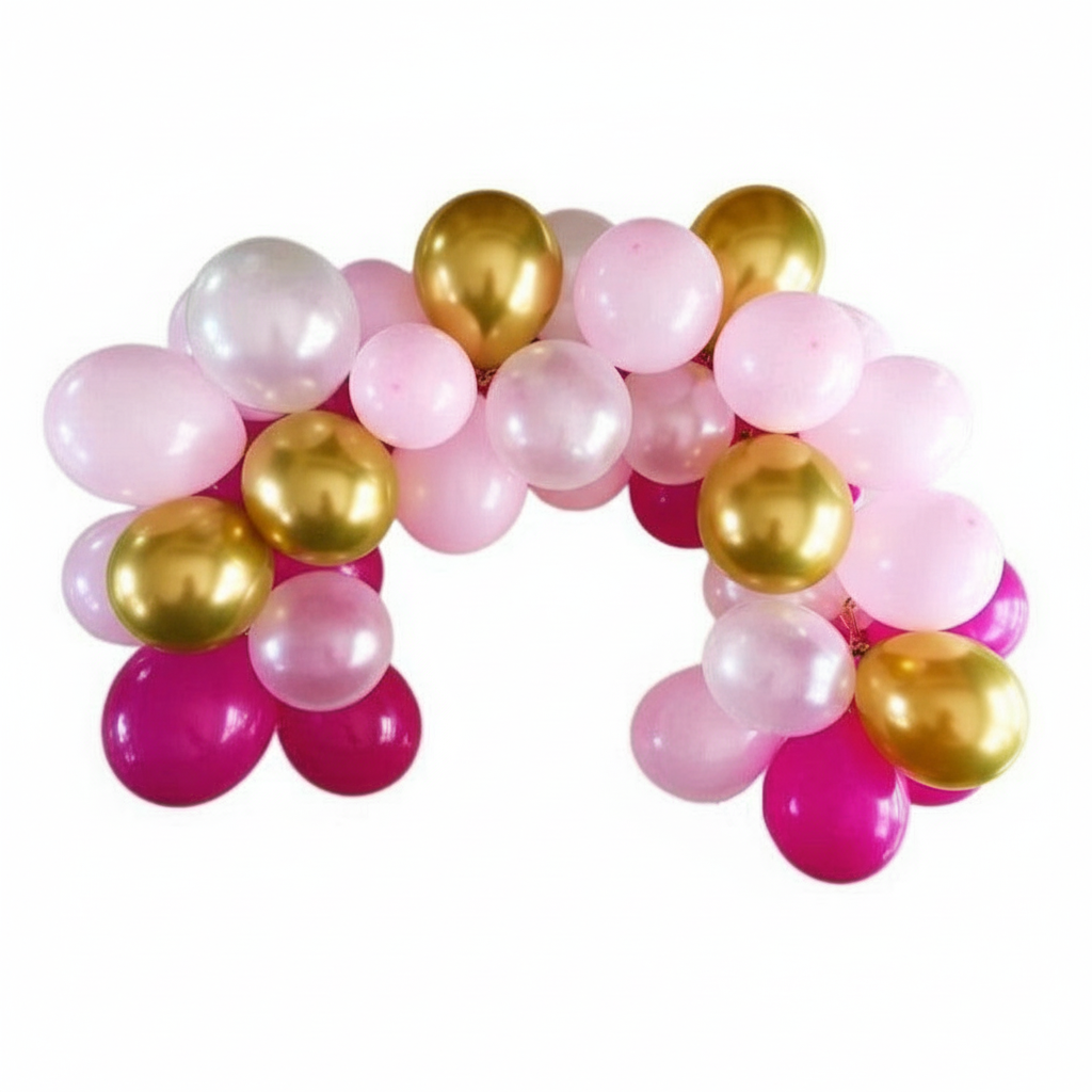Arch-shaped balloon display featuring metallic gold, soft pink, and white balloons