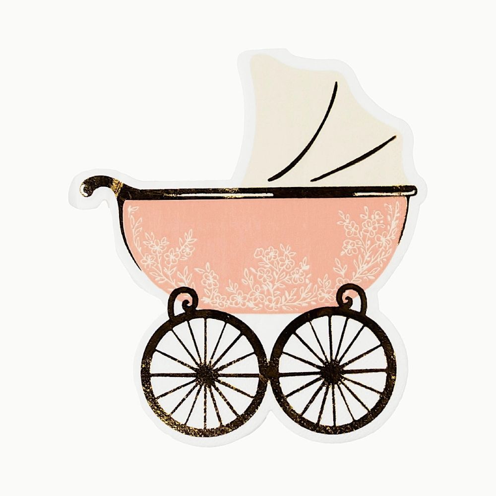 pink baby carriage napkin with gold wheels and floral detail
