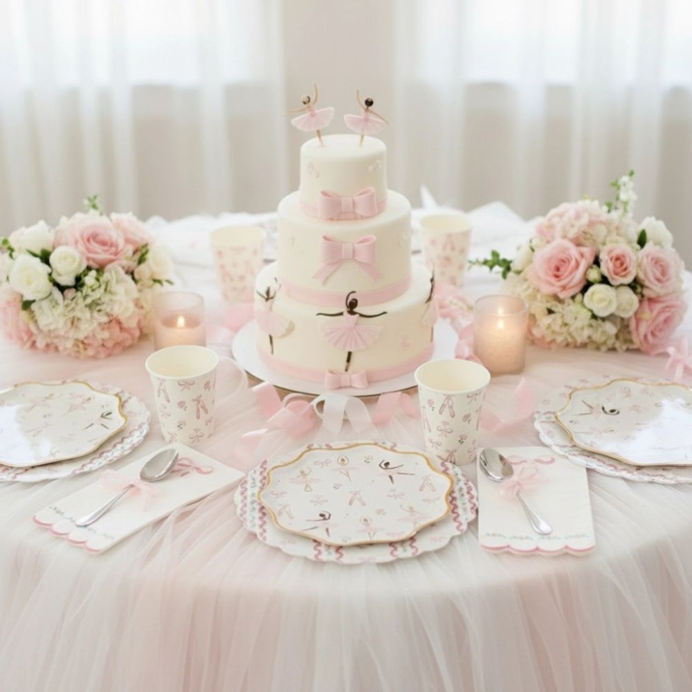 Three-tier ballerina cake surrounded by matching party cups