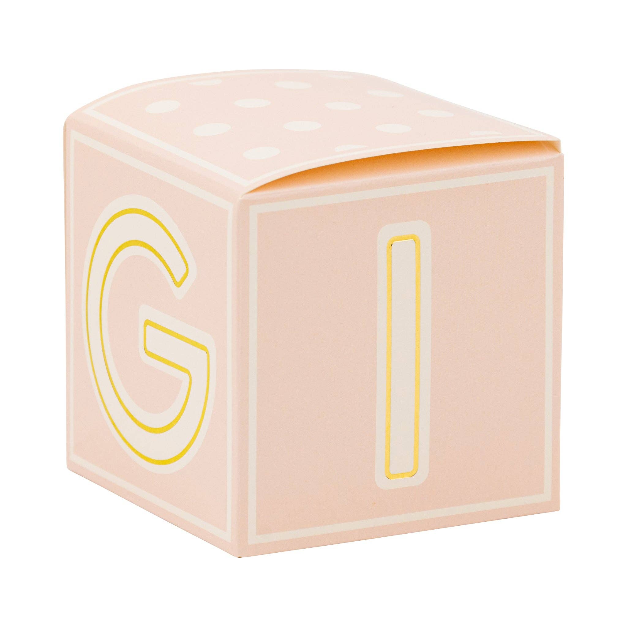 Pink block treat box with gold foil letter for baby shower favors