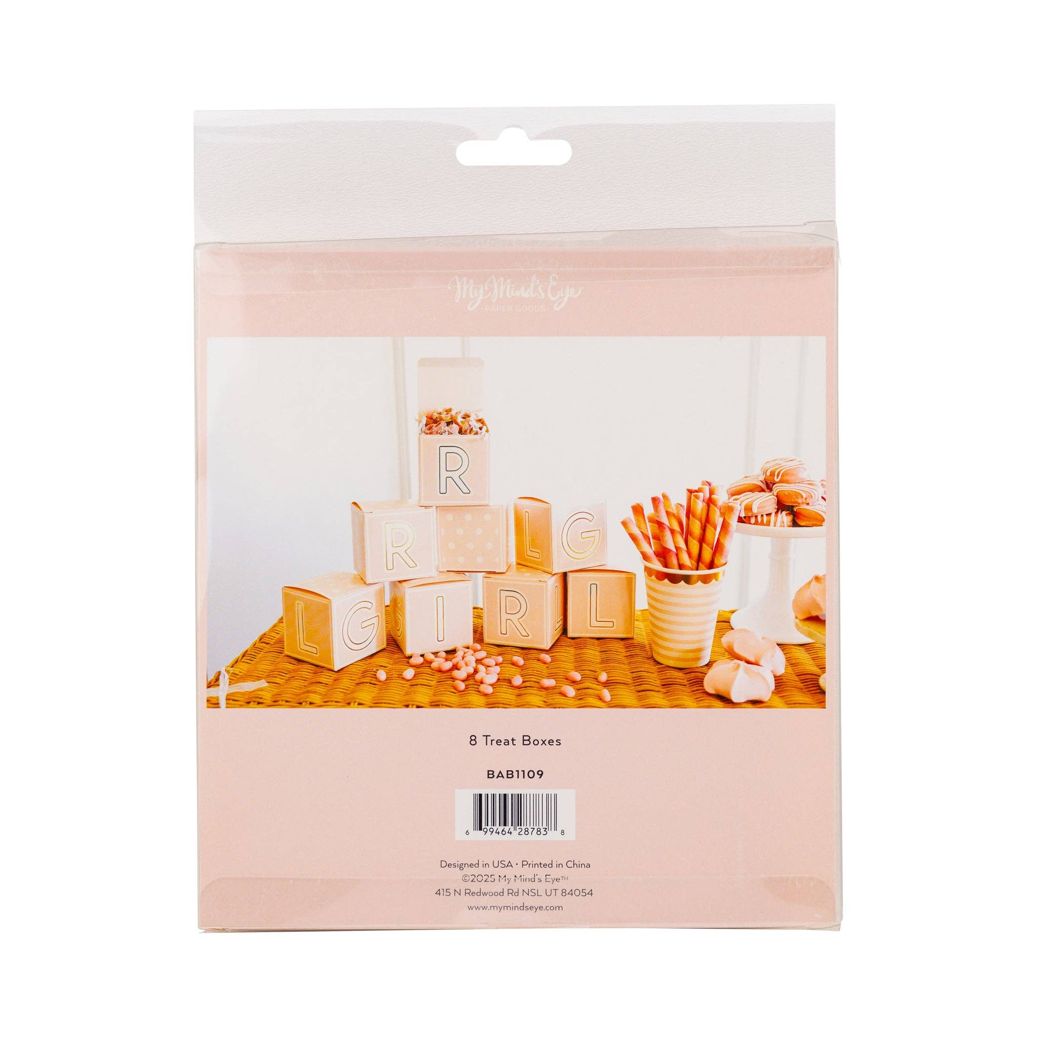 Back of pink block treat box packaging showing party setup
