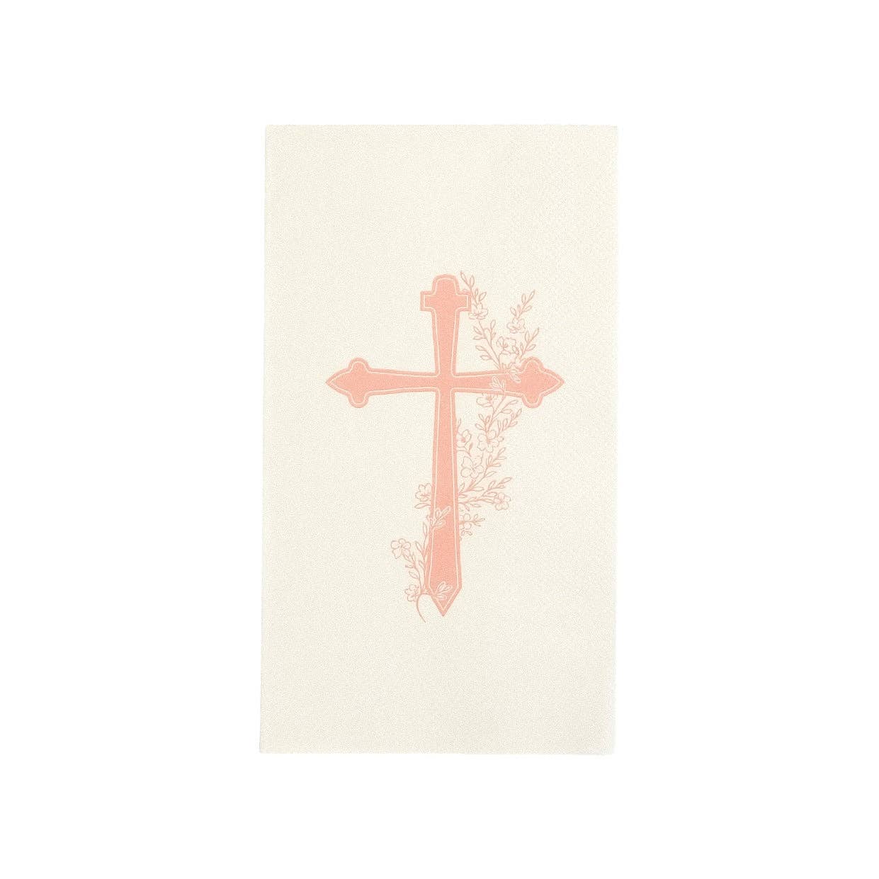 A single white guest towel featuring a soft pink botanical cross and delicate floral sprigs for a sweet religious milestone.
