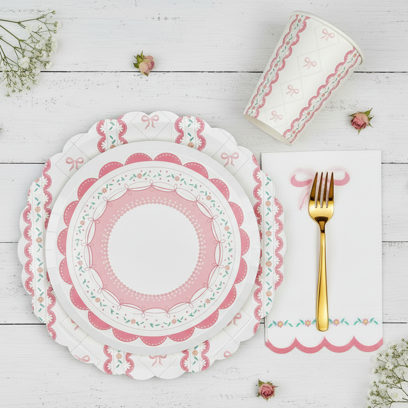 Coquette party cup next to a stacked scalloped plate and gold fork