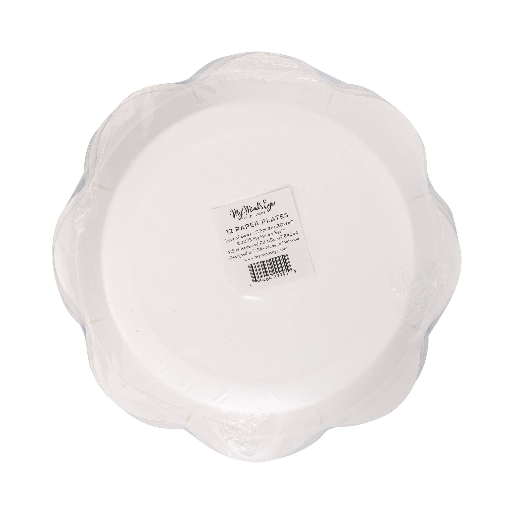 back of bow paper plates packaging showing product label.