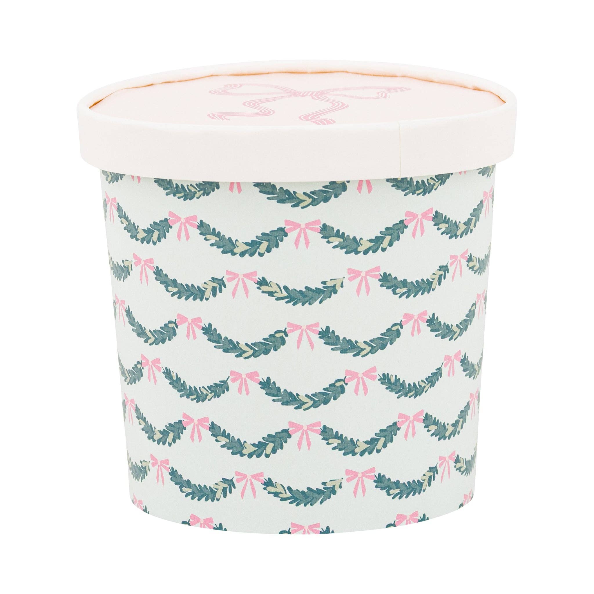 Single pink bow take out cup showing garland pattern detail.