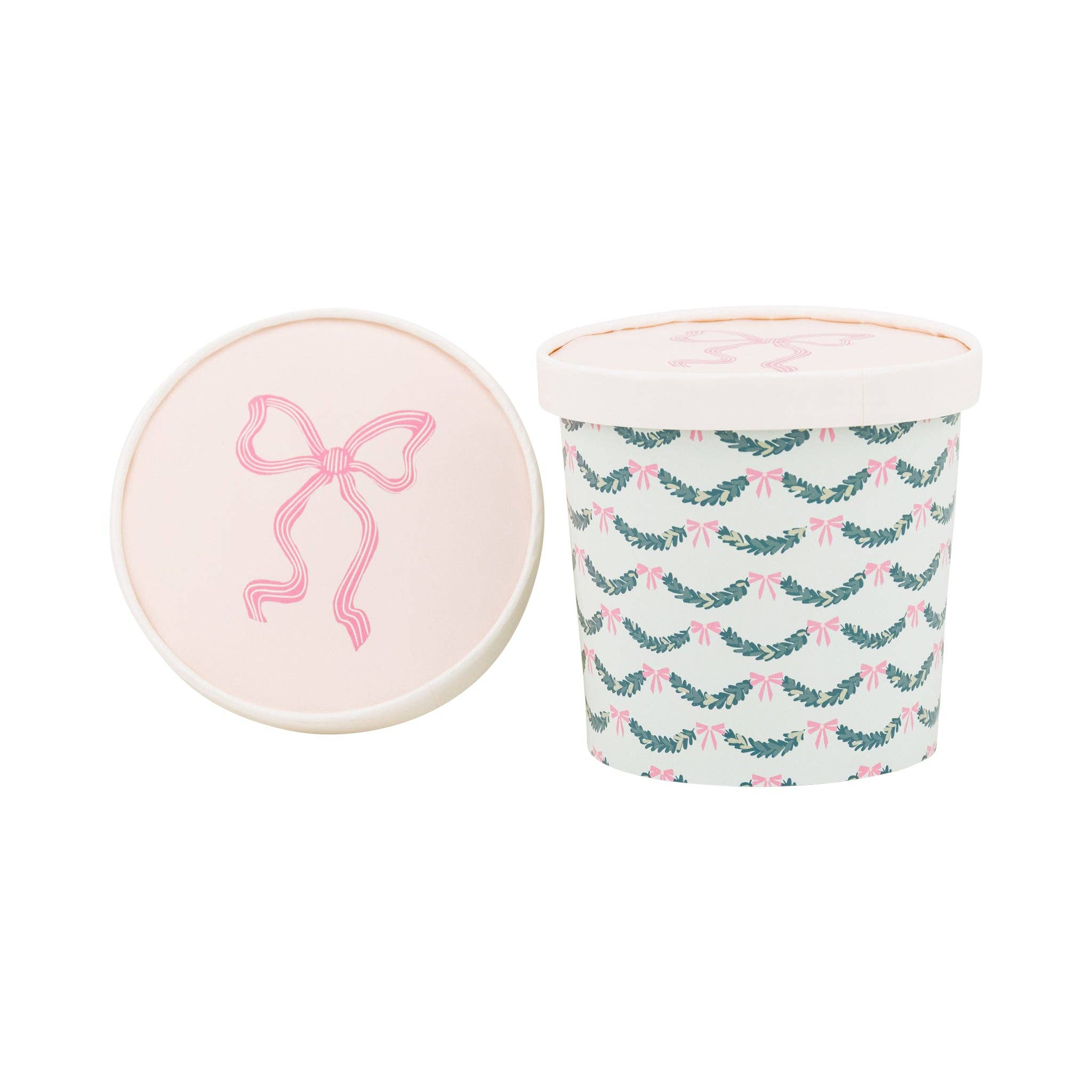 Pink bow treat cup with lid featuring bow design on top.