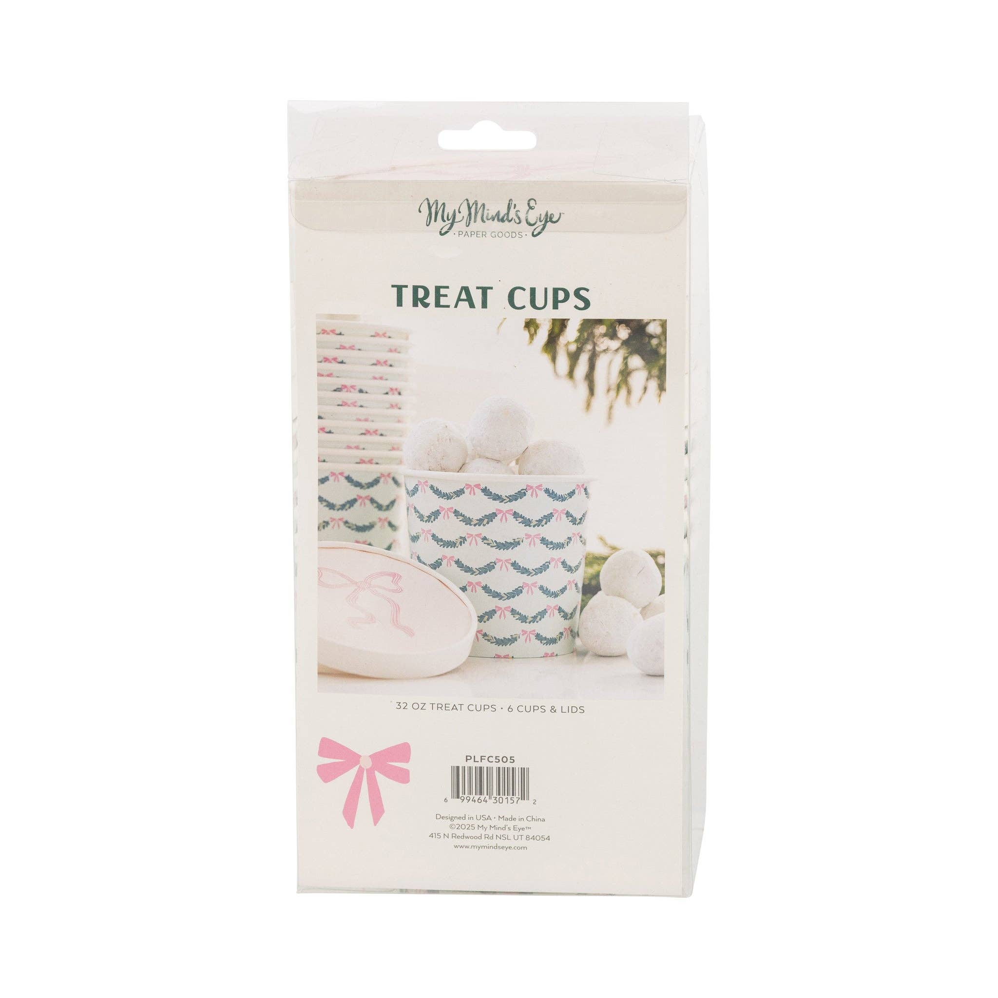 Back packaging of pink bow treat cups with product details.