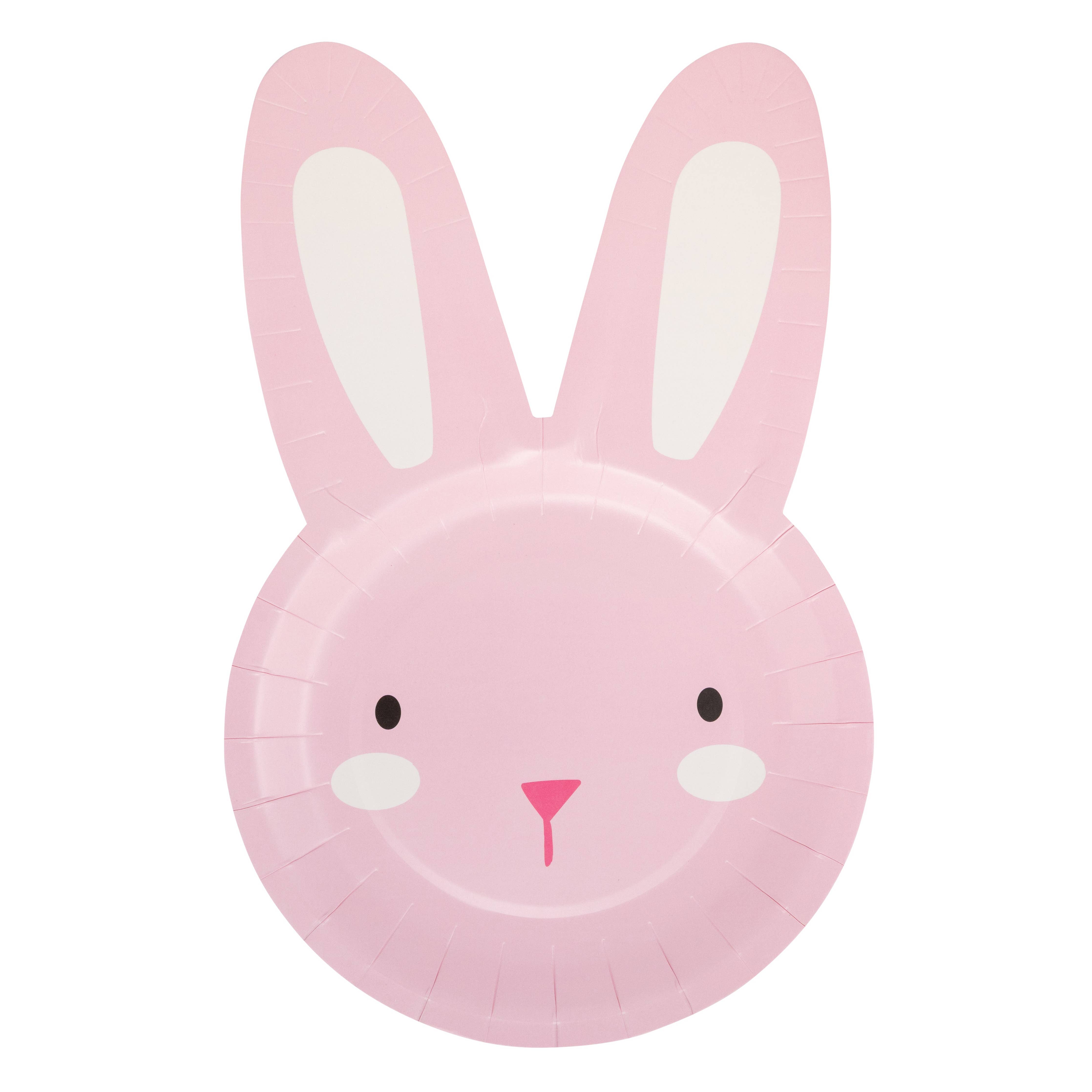 Pink bunny shaped Easter paper plate with tall ears on white background.