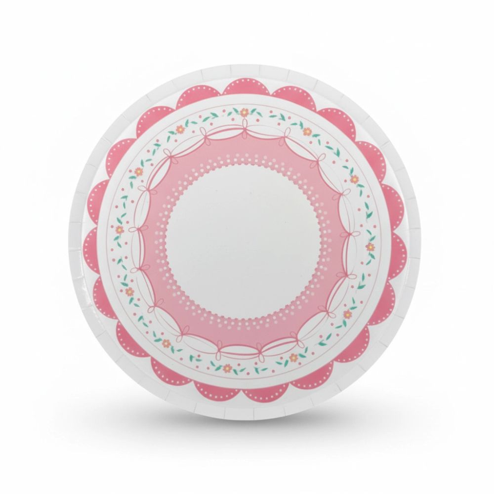 Single 8-inch paper dessert plate with pink lace and floral border