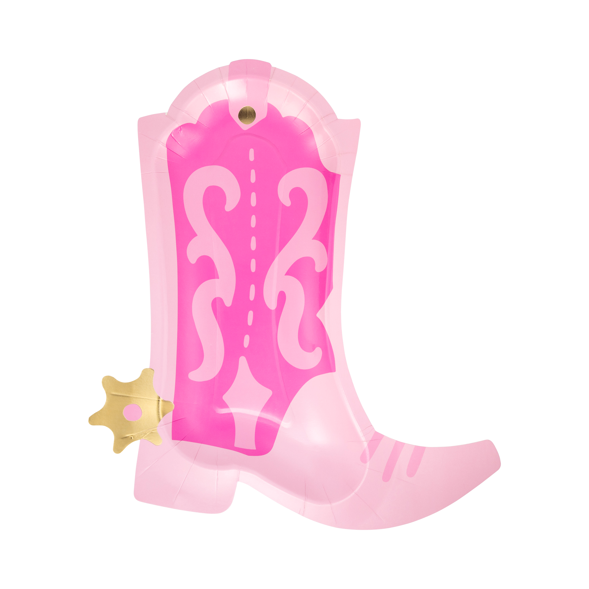 Single pink cowgirl boot shaped paper plate on white background showing two-tone hot pink and light pink design with decorative scrollwork up the shaft and gold foil spur at the heel