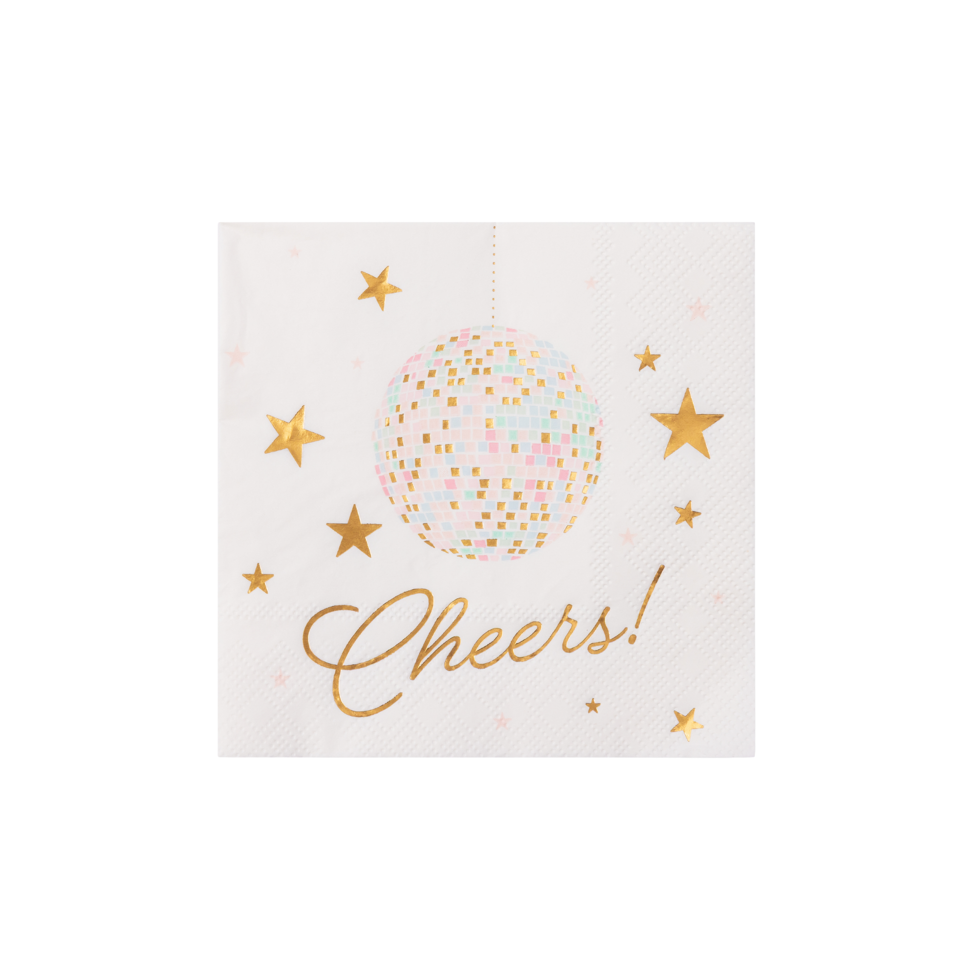 Pink disco ball cocktail napkin with pink foil shimmer print on white background