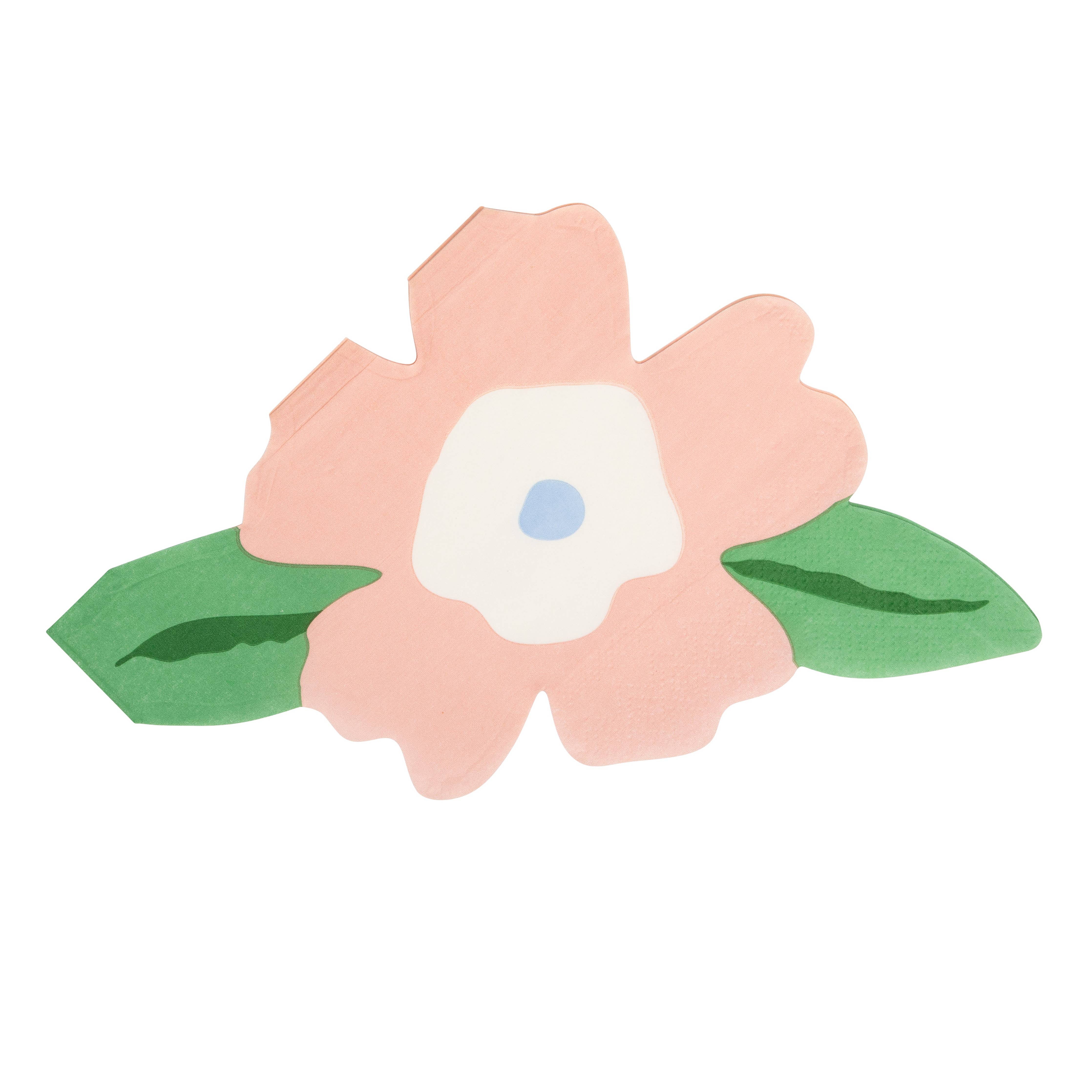 Pink flower-shaped floral paper napkin with green leaves on white background