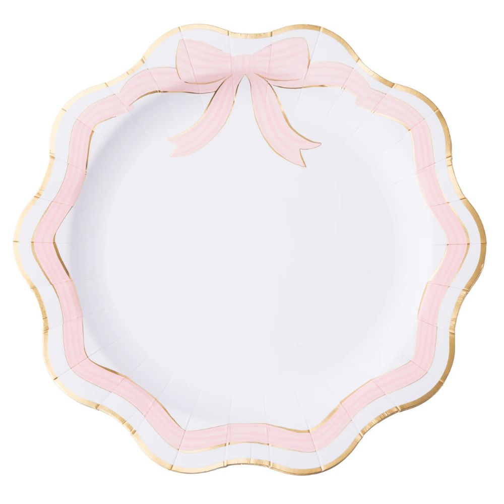 Pink and gold bow dinner plate with scalloped edge