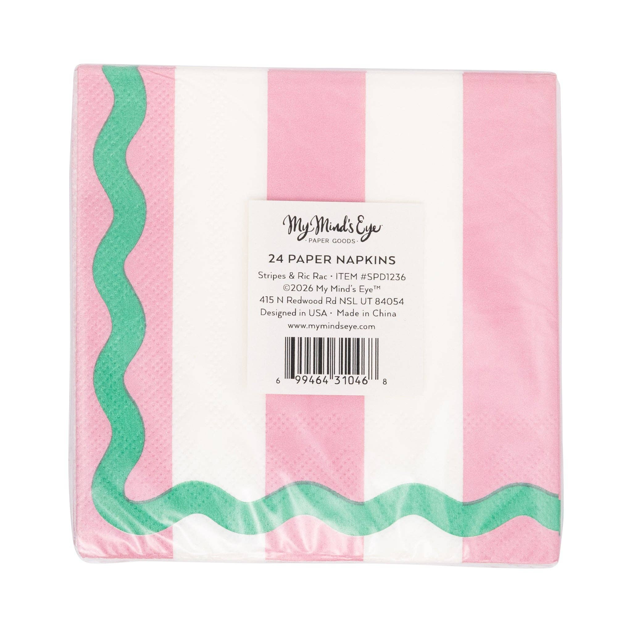 Back view of packaged striped cocktail napkins