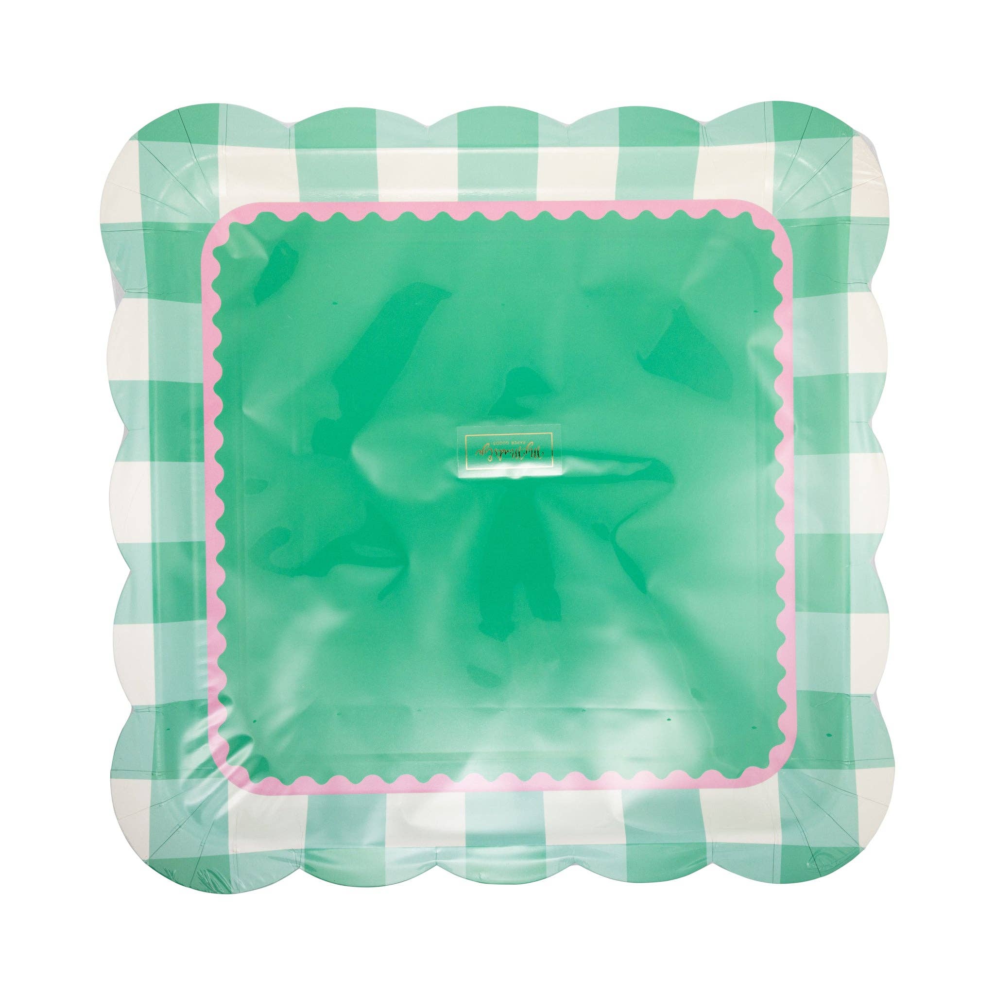 Packaged pink and green gingham scalloped square paper plates