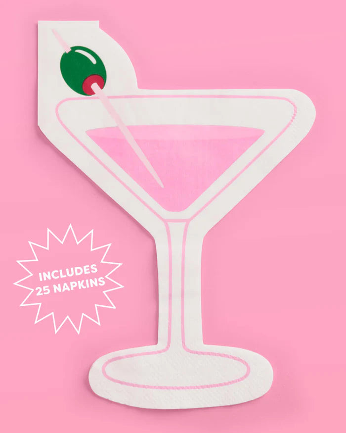Single pink martini glass shaped paper cocktail napkin shown flat on pink background with callout reading "includes 25 napkins"