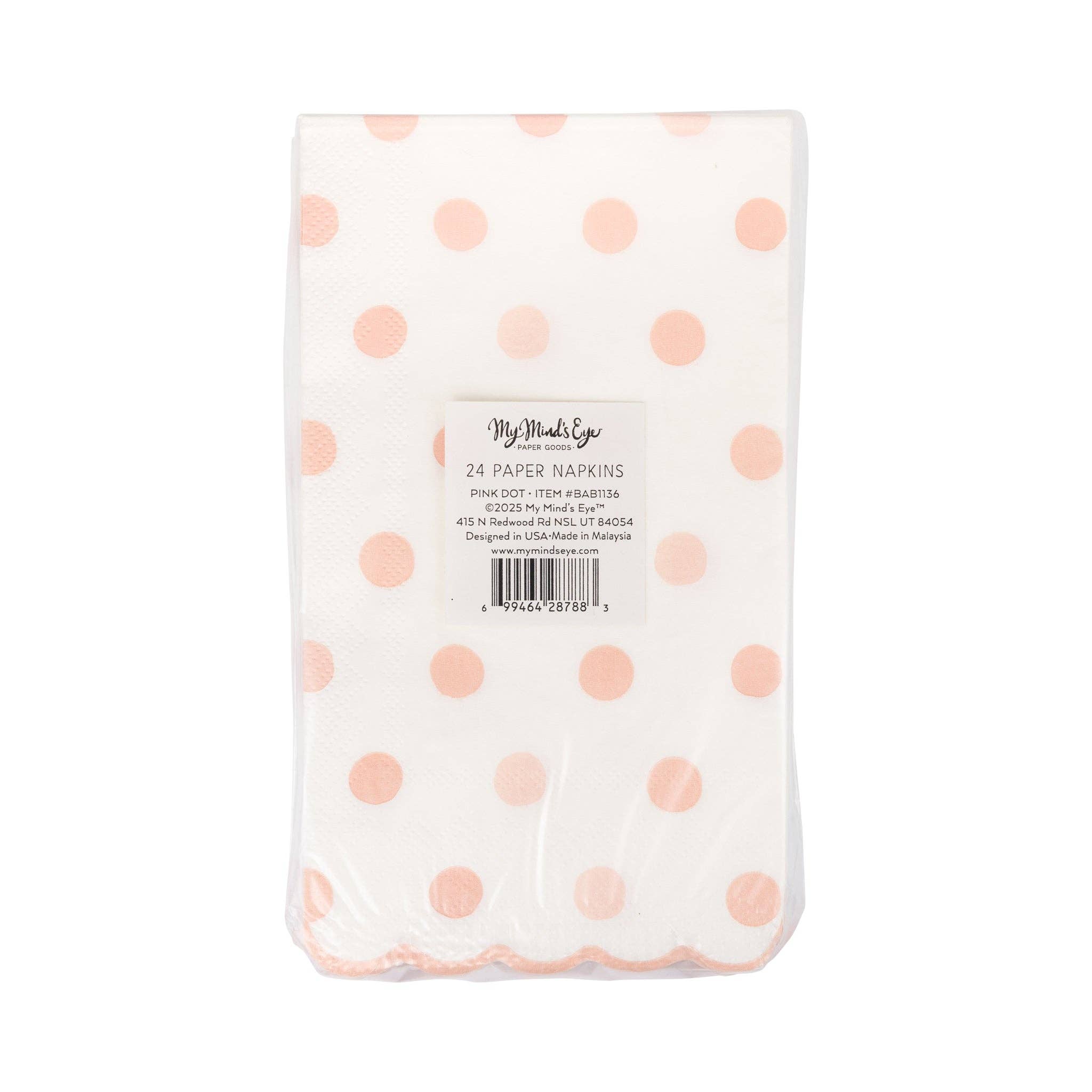 Back of baby pink polka dot napkin packaging showing quantity details