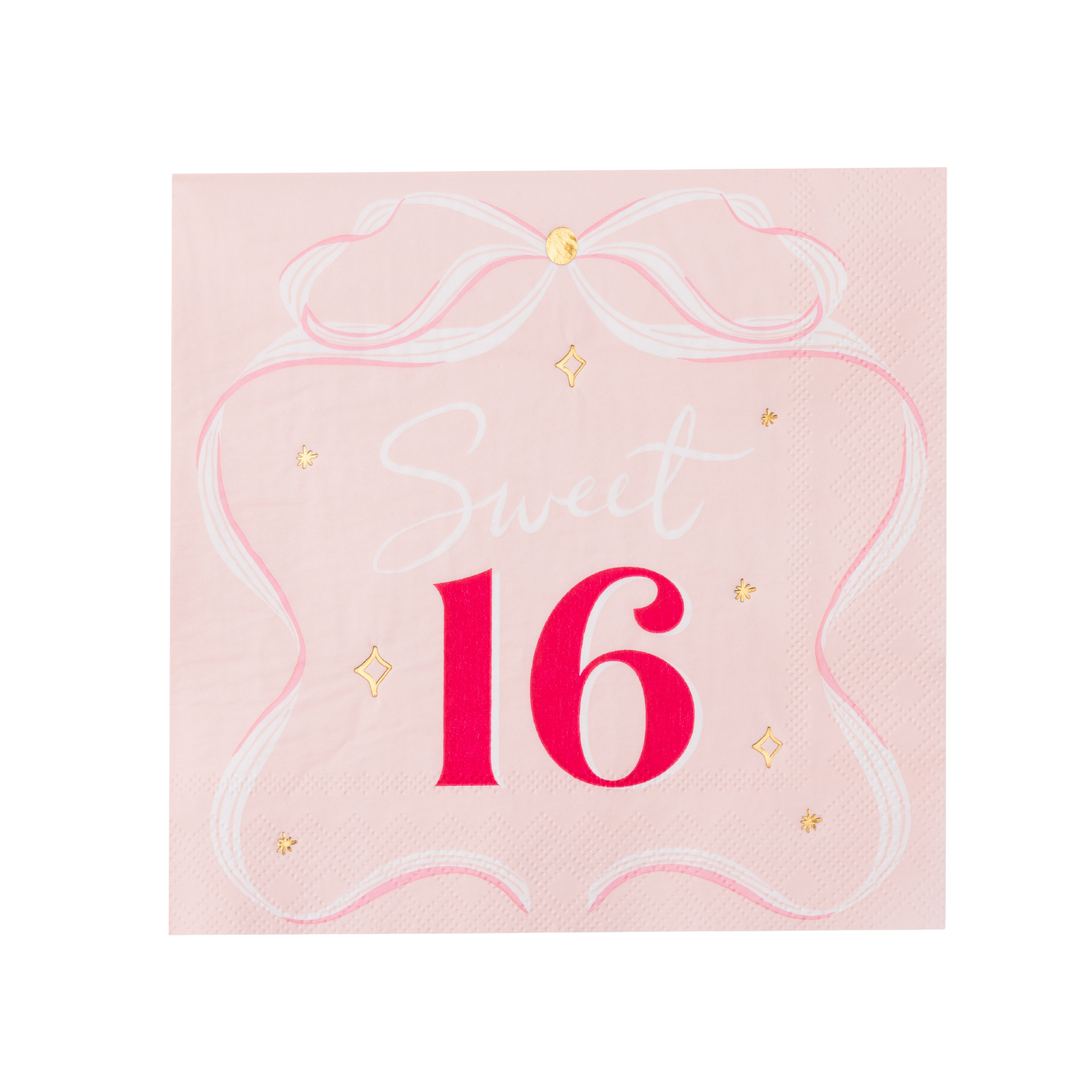 Single 6.5 inch folded square napkin with a pink bow and red Sweet 16 text on a petal-blush background.