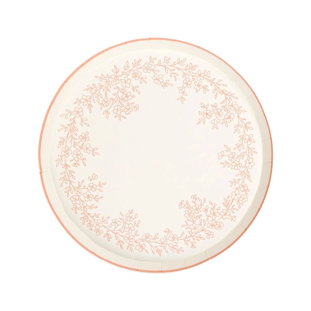 Pink floral dessert plate with scalloped edge and botanical wreath