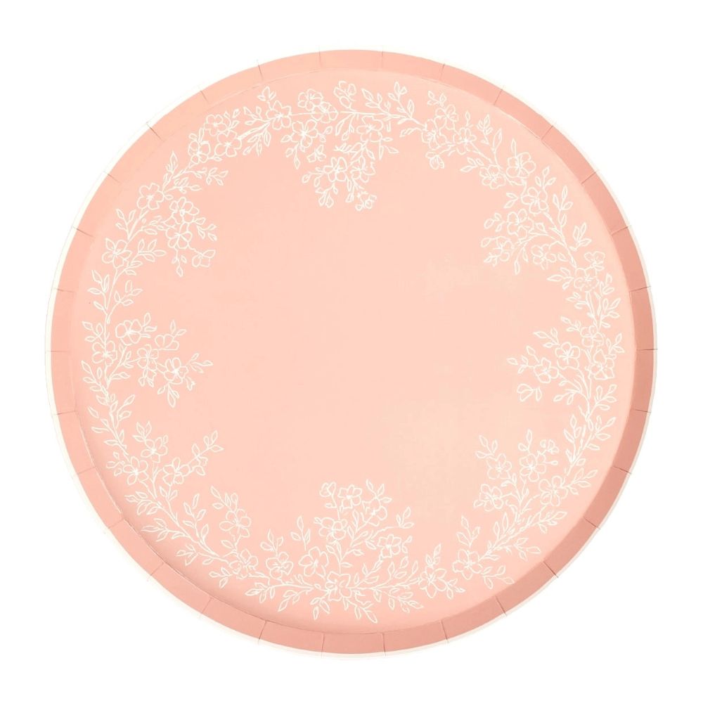 Pink floral dinner plate with scalloped edge and botanical wreath