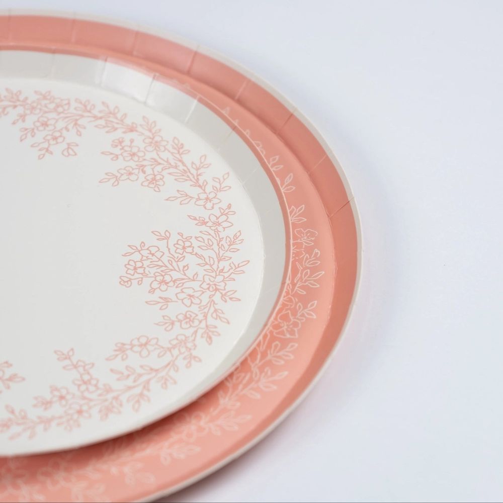 Close-up of pink floral plates