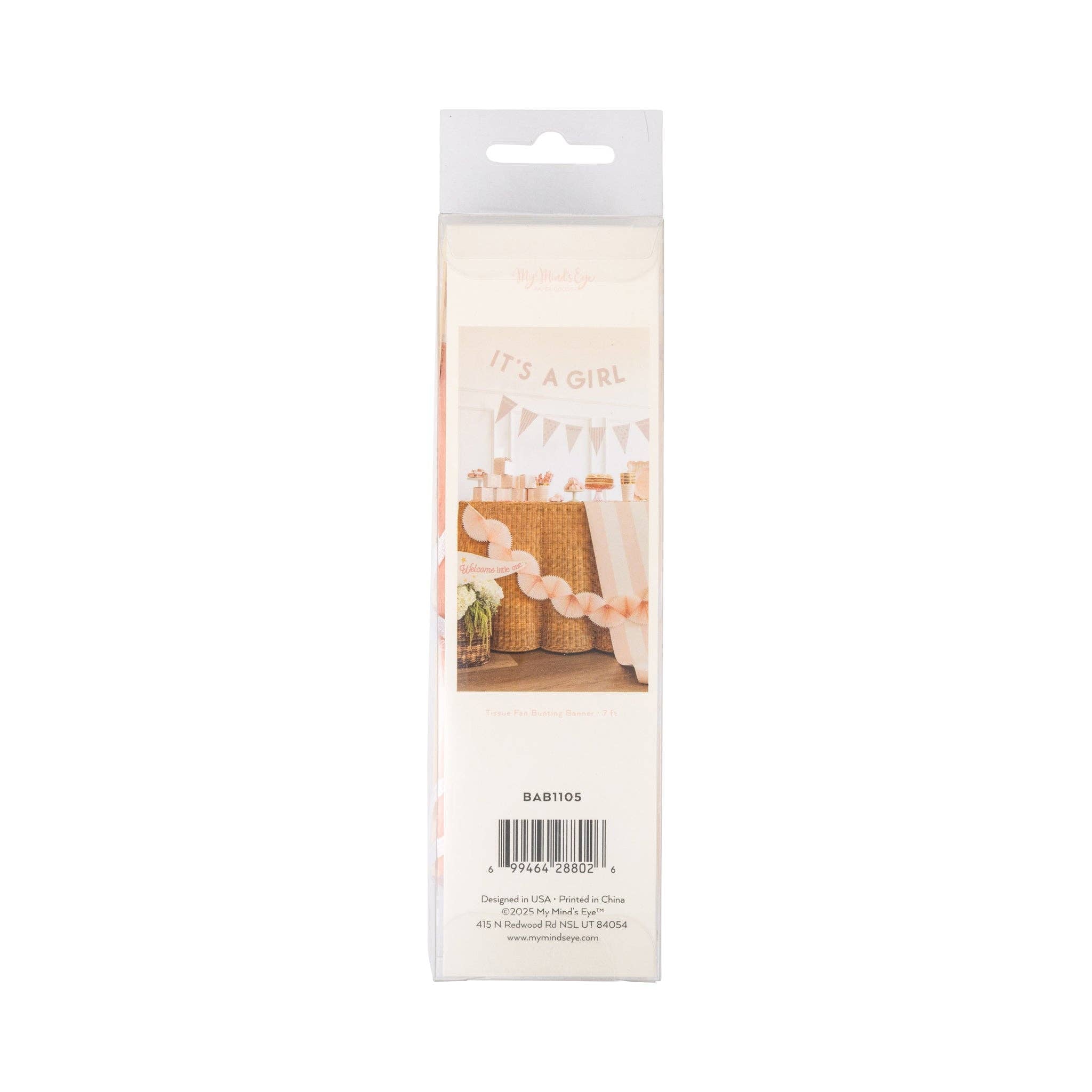 Back of pink tissue bunting banner packaging with styling photo
